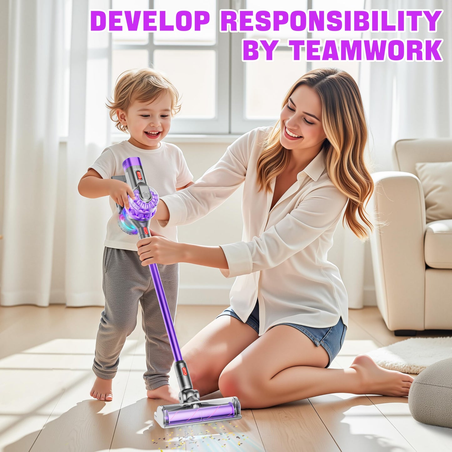 BLAXTEM 4-in-1 Toy Vacuum for Kids – Pretend Play Cleaning (Purple)