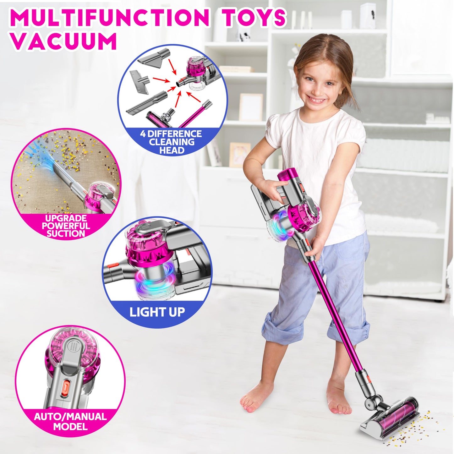 BLAXTEM 4-in-1 Kids Toy Vacuum with Real Suction - Rose Red
