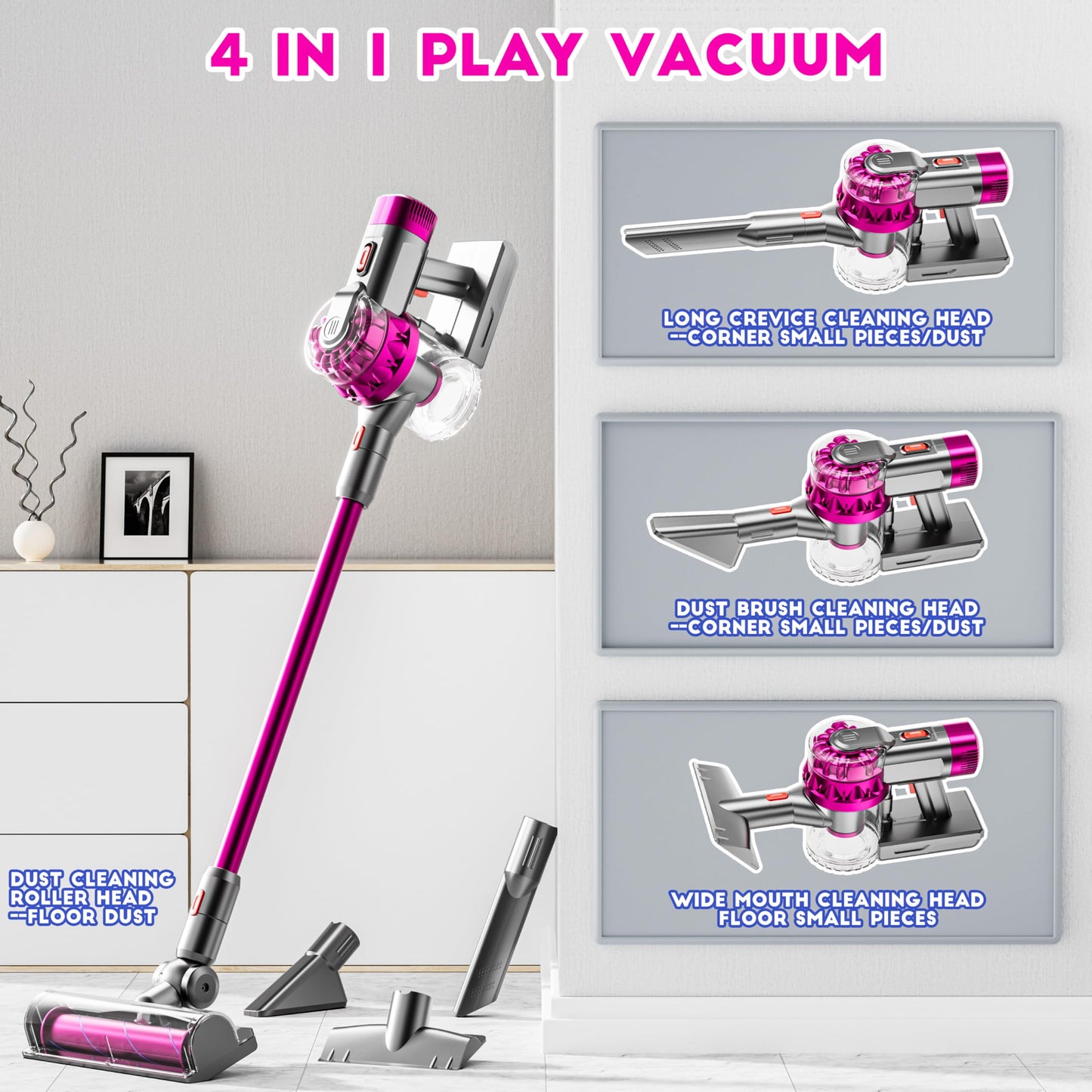 BLAXTEM 4-in-1 Kids Toy Vacuum with Real Suction - Rose Red