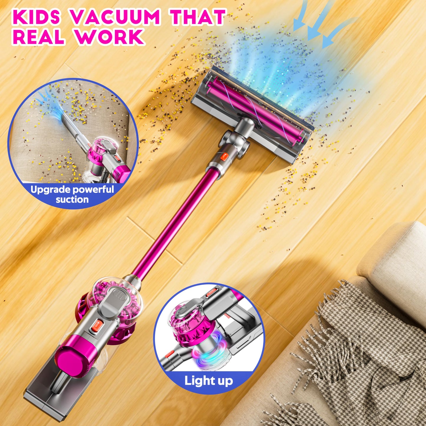 BLAXTEM 4-in-1 Kids Toy Vacuum with Real Suction - Rose Red