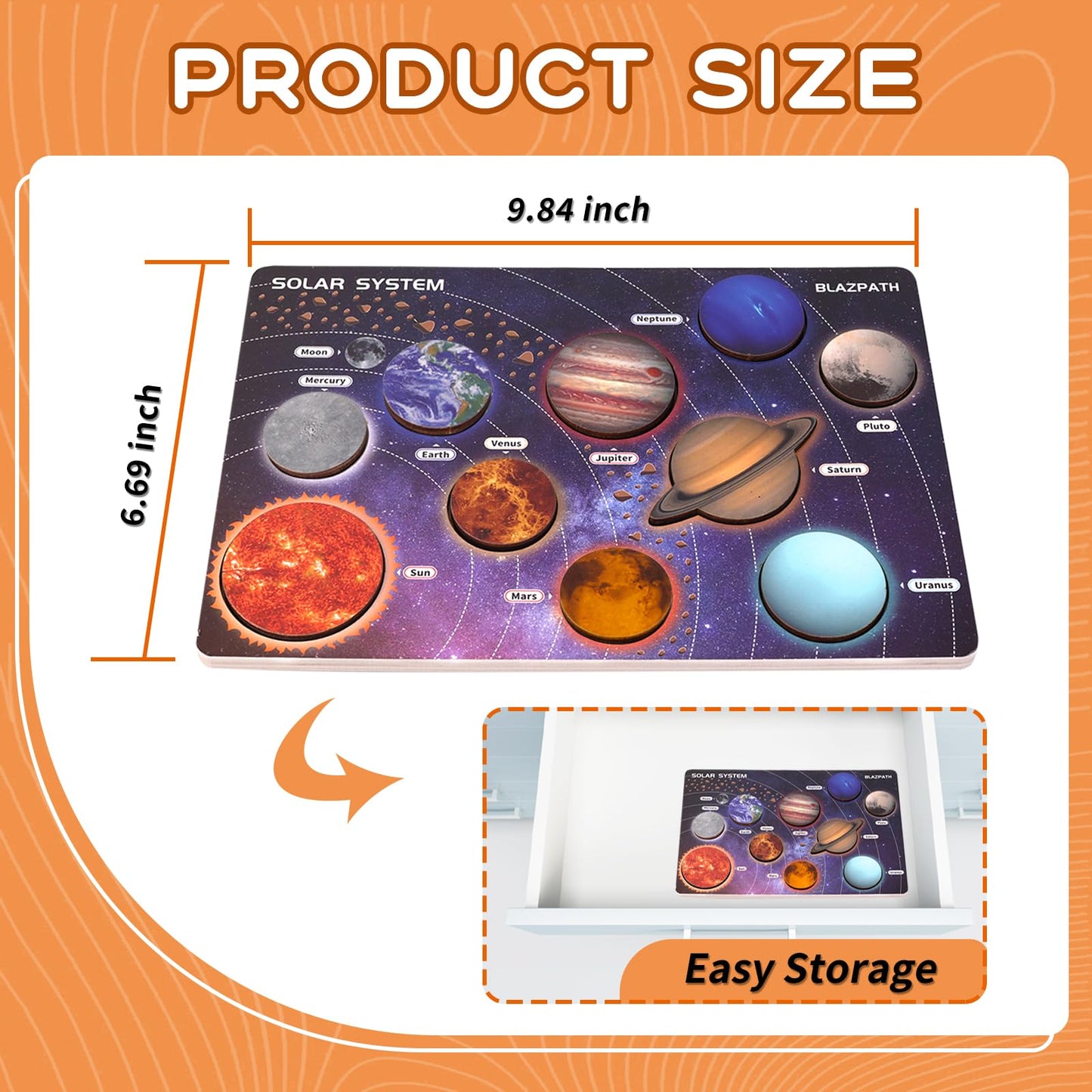 BLAZPATH Solar System Wooden Puzzle Toy for Kids 3-5 — Montessori Space Planet Puzzle & Travel Toy