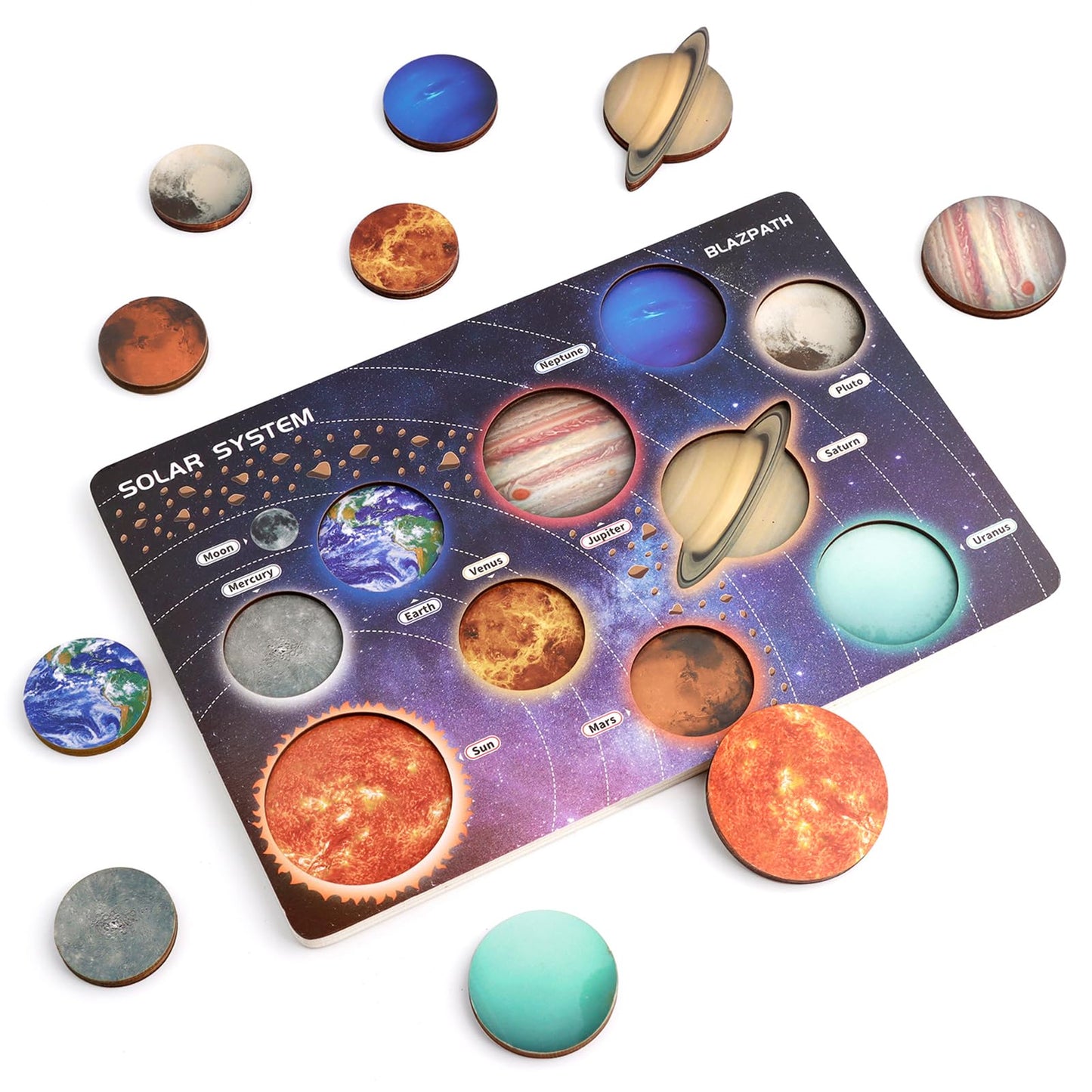 BLAZPATH Solar System Wooden Puzzle Toy for Kids 3-5 — Montessori Space Planet Puzzle & Travel Toy
