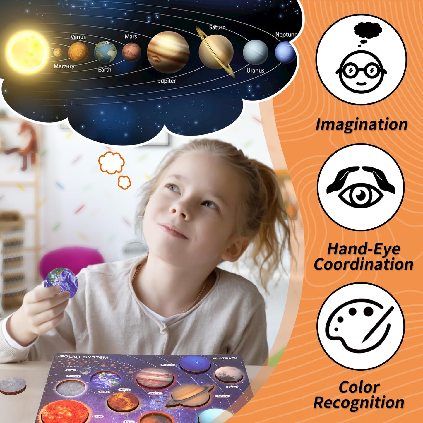 BLAZPATH Solar System Wooden Puzzle Toy for Kids 3-5 — Montessori Space Planet Puzzle & Travel Toy