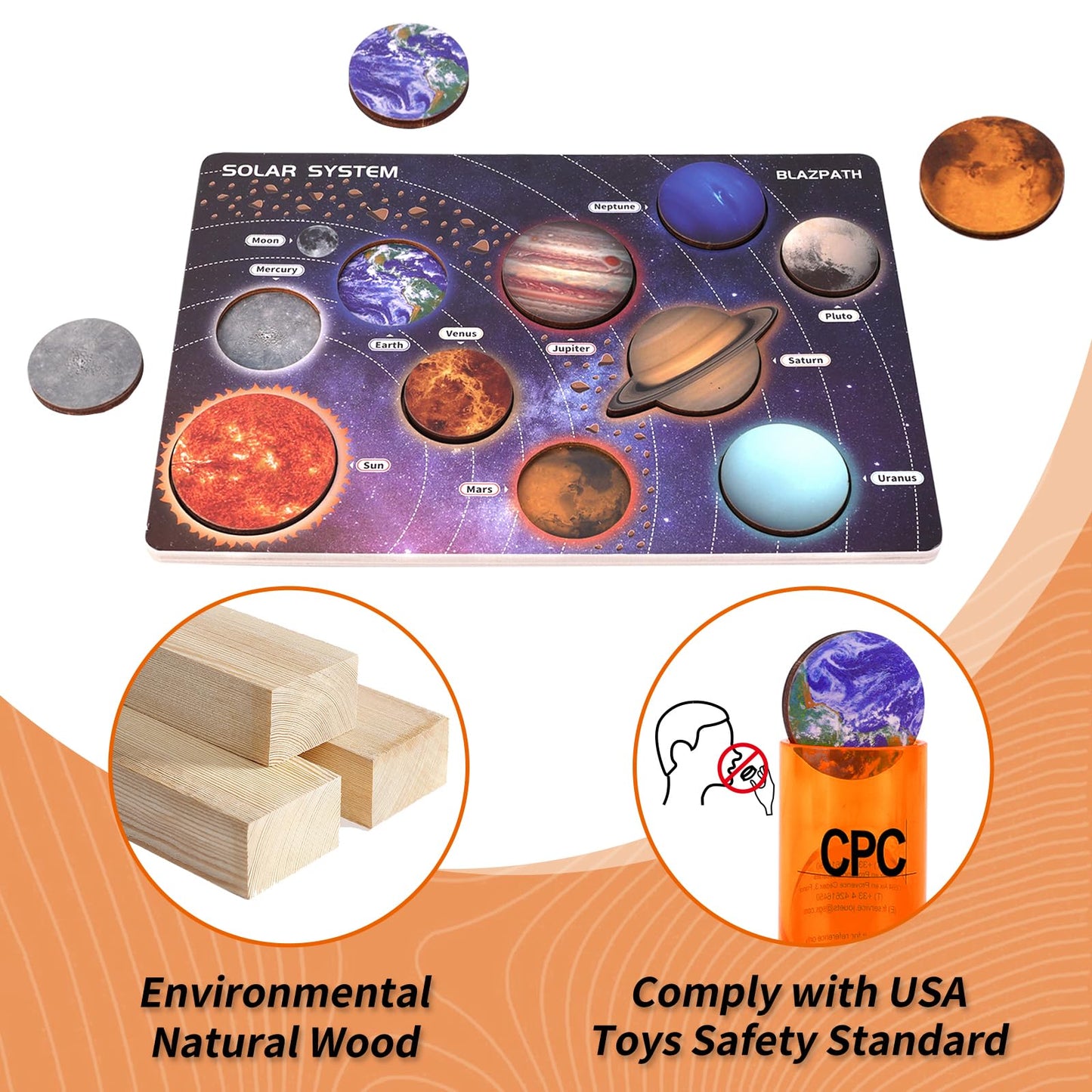 BLAZPATH Solar System Wooden Puzzle Toy for Kids 3-5 — Montessori Space Planet Puzzle & Travel Toy