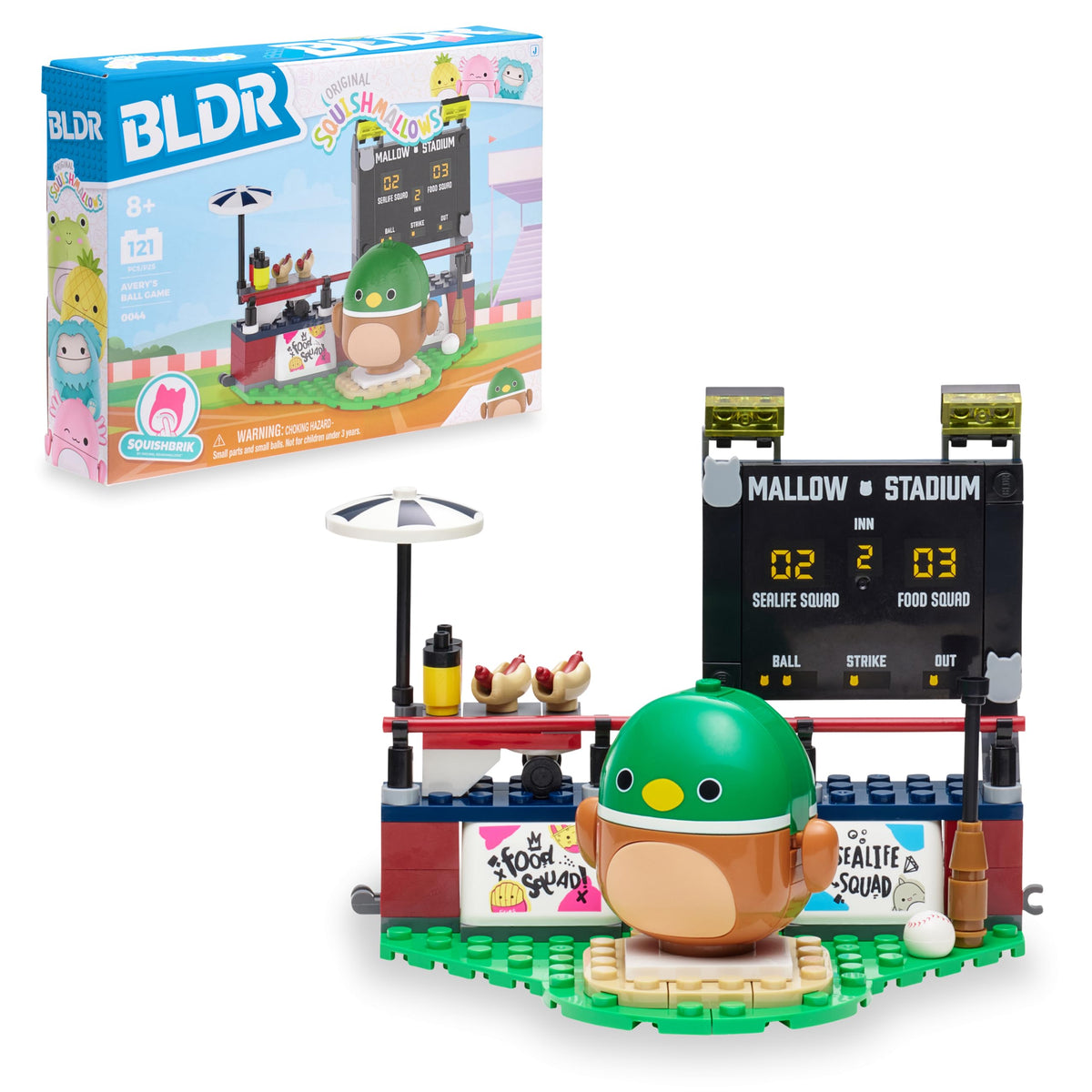BLDR Avery’s Ball Game Building Set – Avery the Mallard Squishmallows Figure (8+)