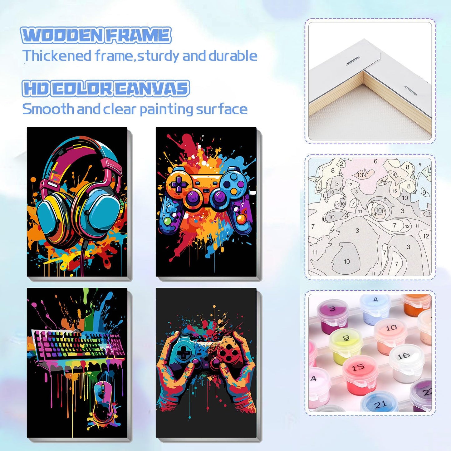 Bleihum 4 Pack Paint by Numbers Kit for Kids with Frame and Wooden Easel – Video Game Controller Theme (8x12 Inch)