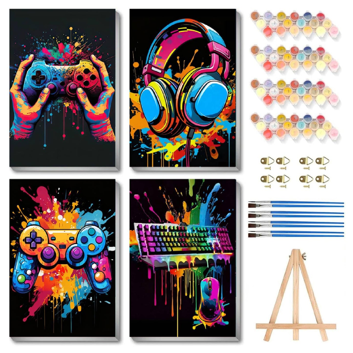 Bleihum 4 Pack Paint by Numbers Kit for Kids with Frame and Wooden Easel – Video Game Controller Theme (8x12 Inch)
