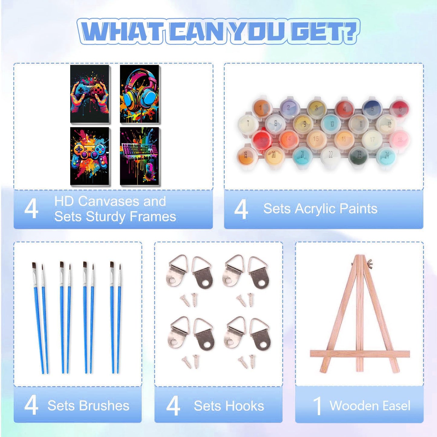 Bleihum 4 Pack Paint by Numbers Kit for Kids with Frame and Wooden Easel – Video Game Controller Theme (8x12 Inch)