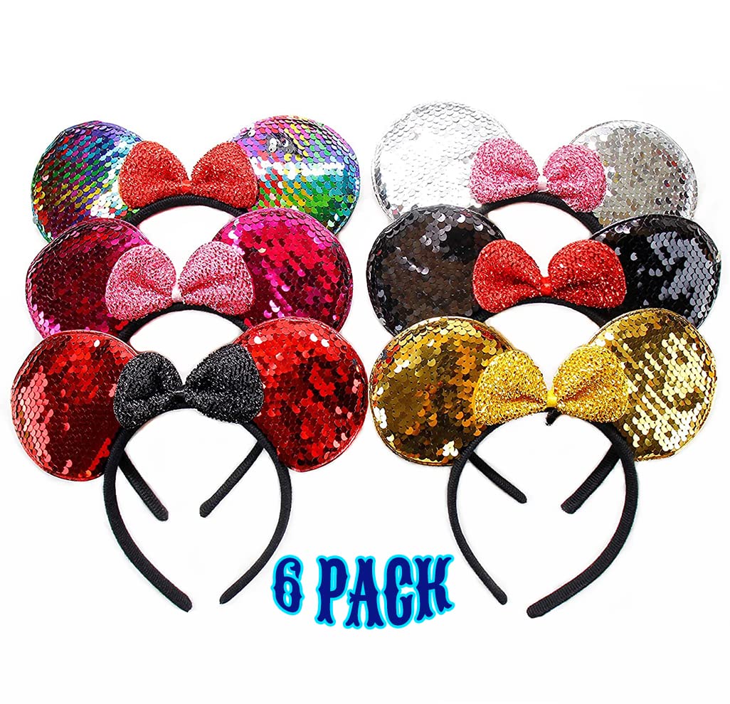 BLholife Minnie Headbands 6-Pack: Mouse Ears with Sequins Bow – Colorful Costume Accessories