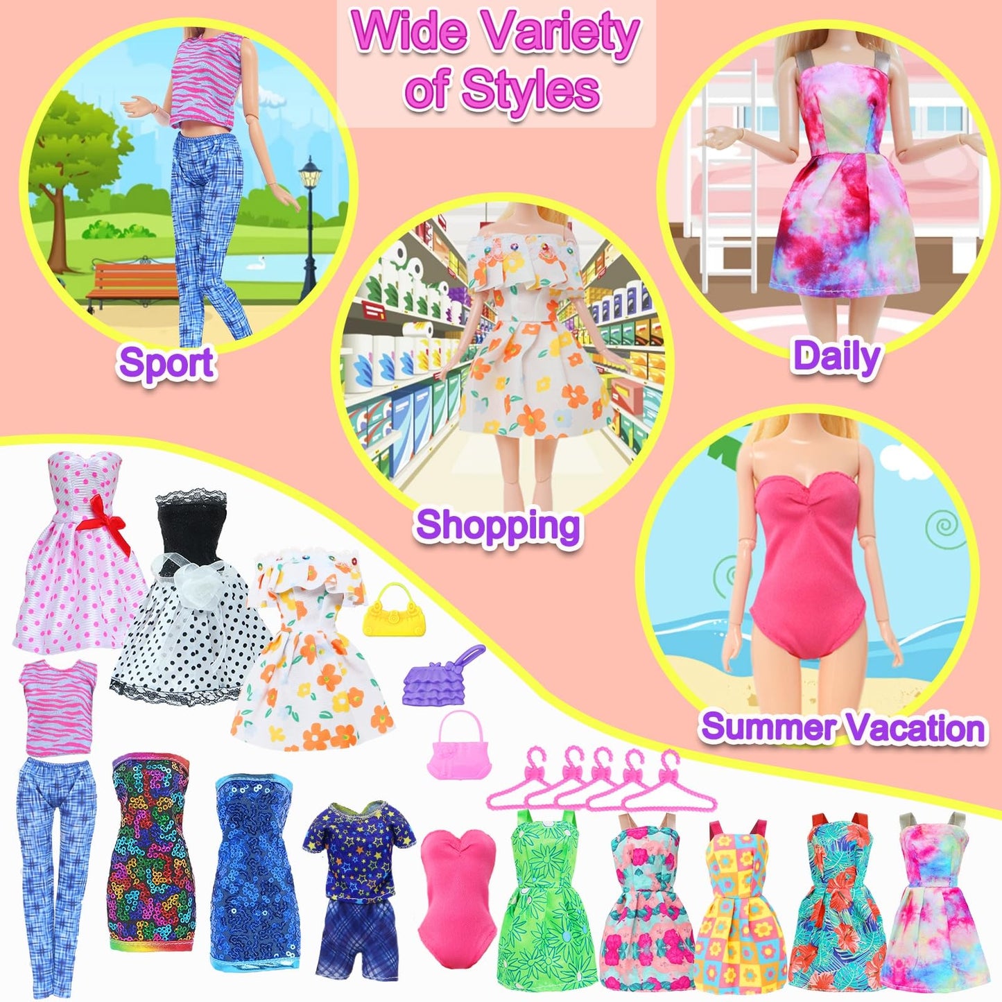 BLIJOLA 21-Piece Doll Clothes Set for 11.5-Inch Dolls – Dresses, Tops, Swimwear & Accessories