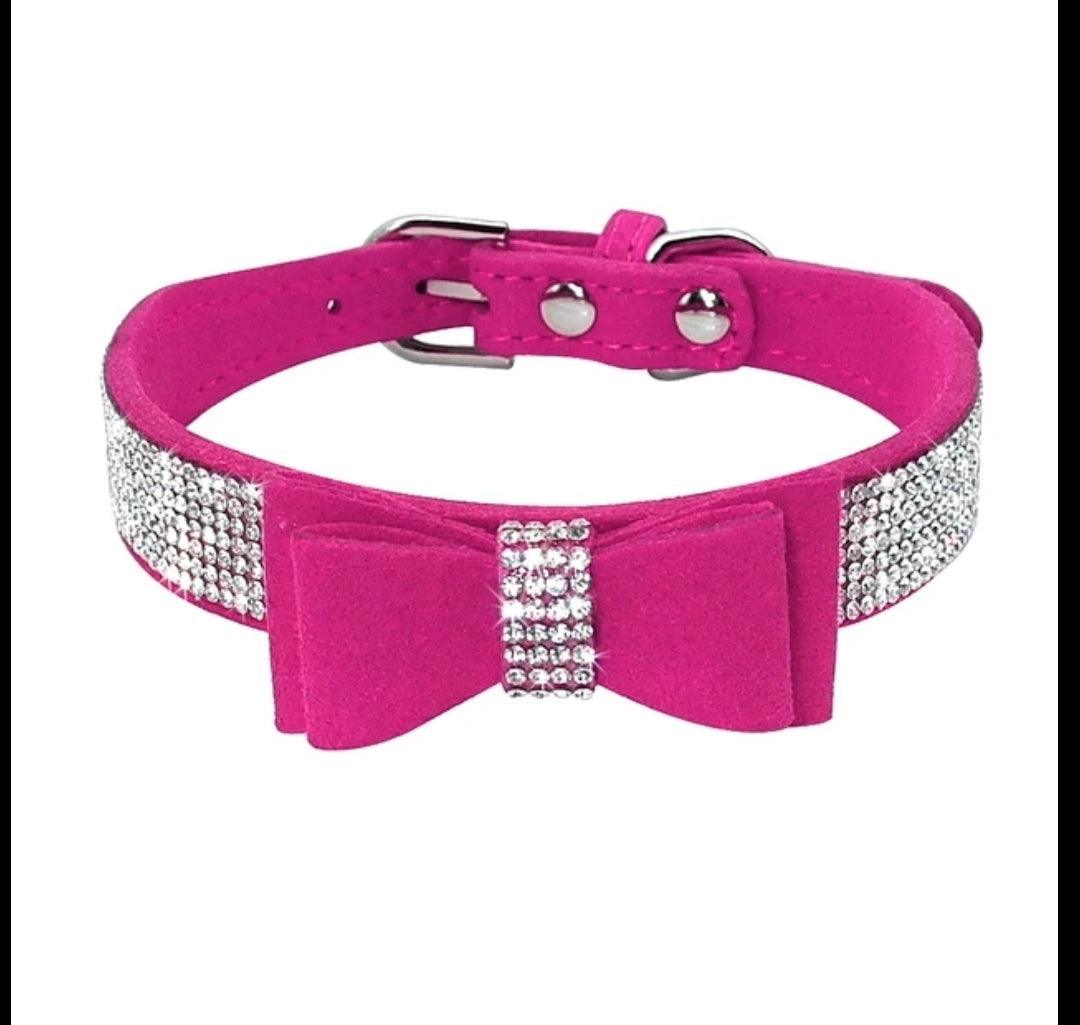 Bling Rhinestone Suede Leather Bowknot Dog Collar - CLEARANCE