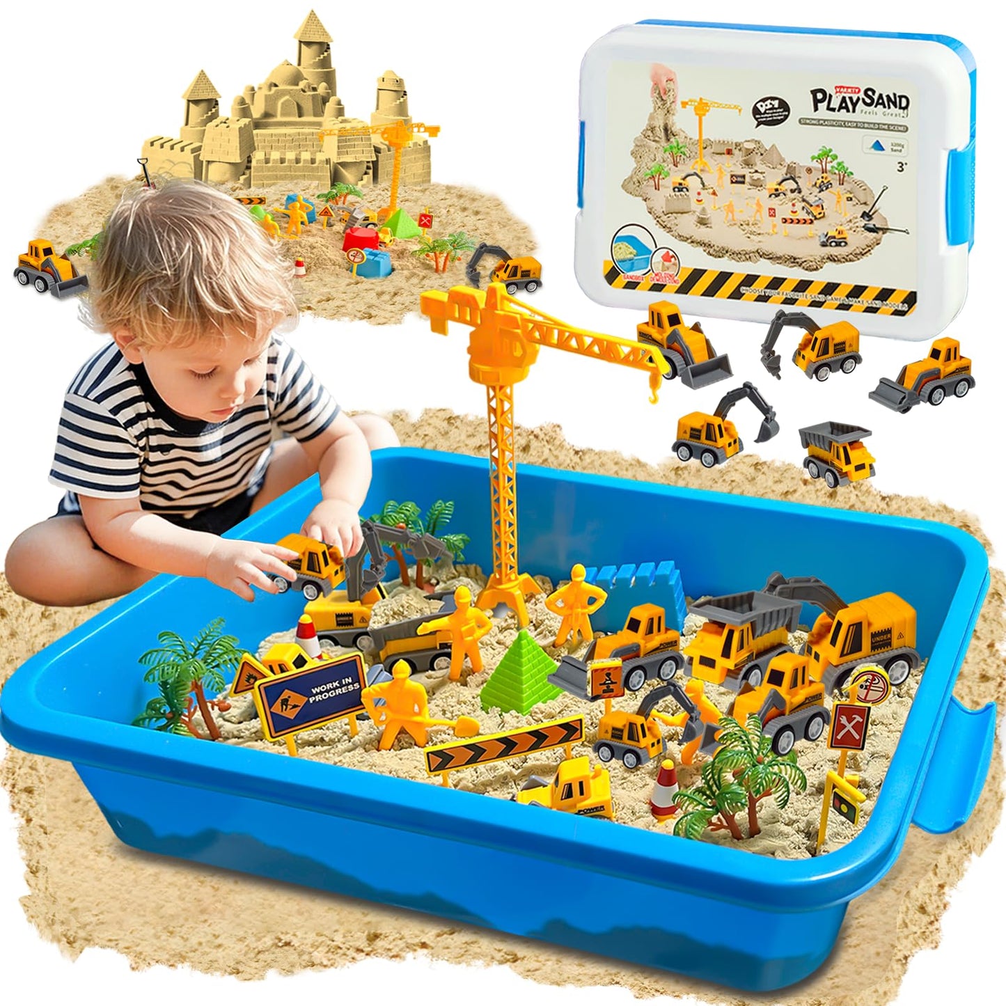 BlingCnsy Construction Sensory Bin with Lid – 2.2 lbs Magic Sand & 5 Trucks