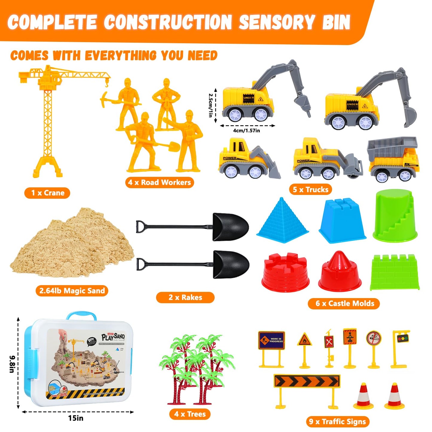 BlingCnsy Construction Sensory Bin with Lid – 2.2 lbs Magic Sand & 5 Trucks
