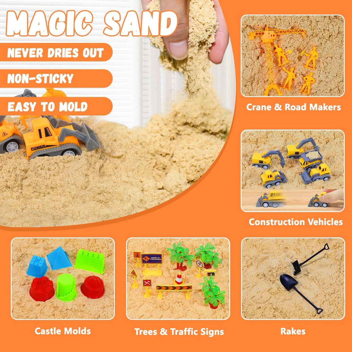 BlingCnsy Construction Sensory Bin with Lid – 2.2 lbs Magic Sand & 5 Trucks