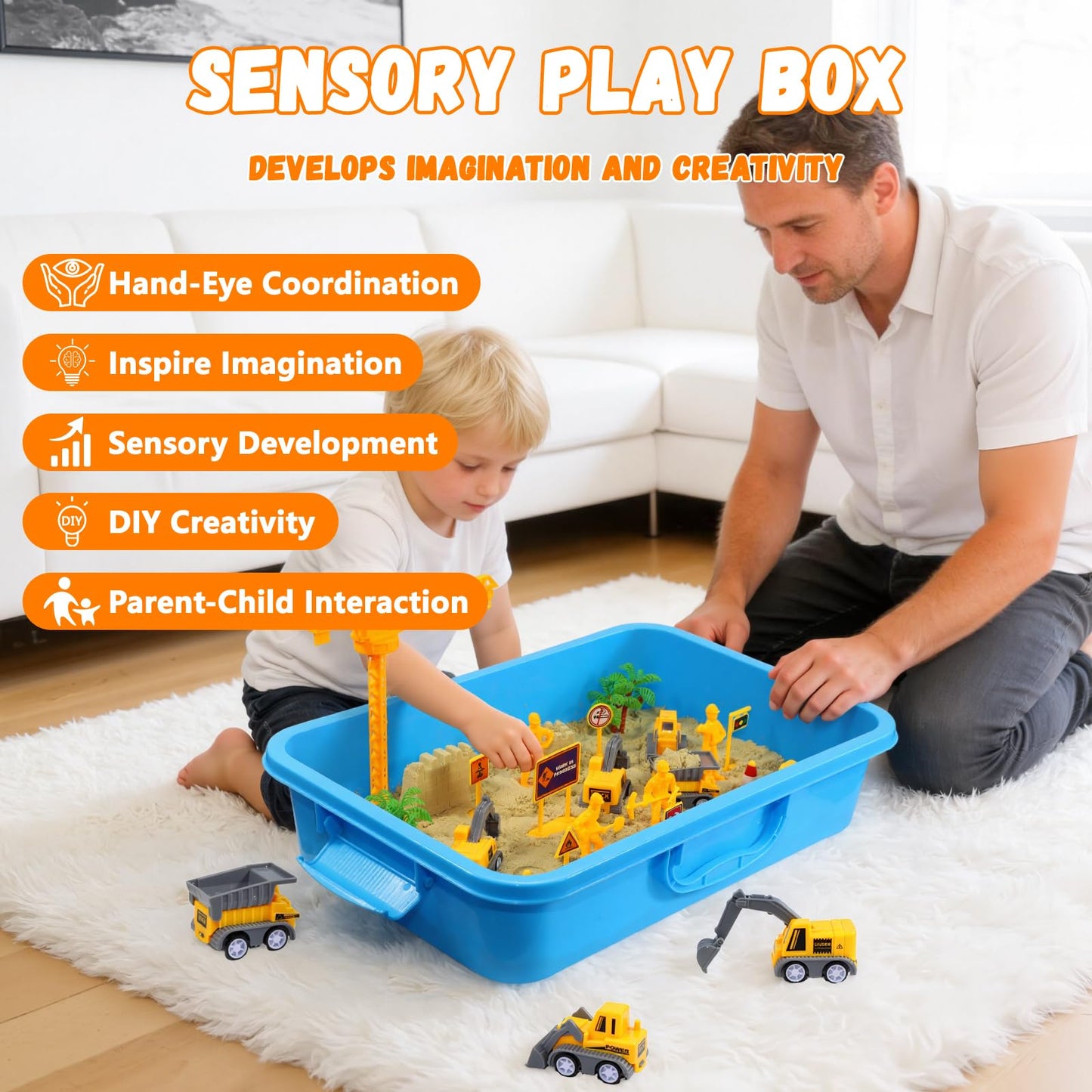 BlingCnsy Construction Sensory Bin with Lid – 2.2 lbs Magic Sand & 5 Trucks