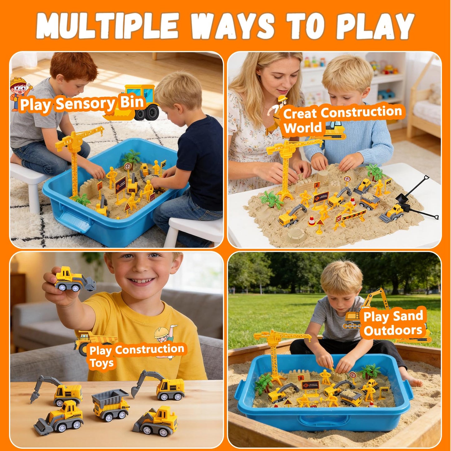 BlingCnsy Construction Sensory Bin with Lid – 2.2 lbs Magic Sand & 5 Trucks