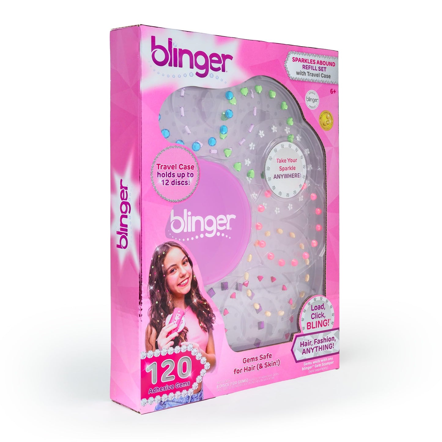 Blinger Sparkles Abound: 120 Colorful Hair-Safe Gems + Travel Case | Refill Pack for Gem Stamper