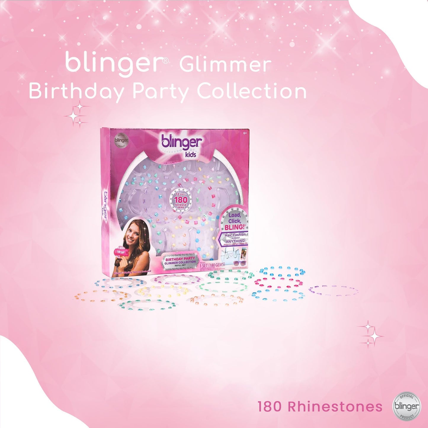blinger Glimmer Collection Refill Pack | 180 Gems & Gem Stamper Included | Hair Styling Tool Compatible