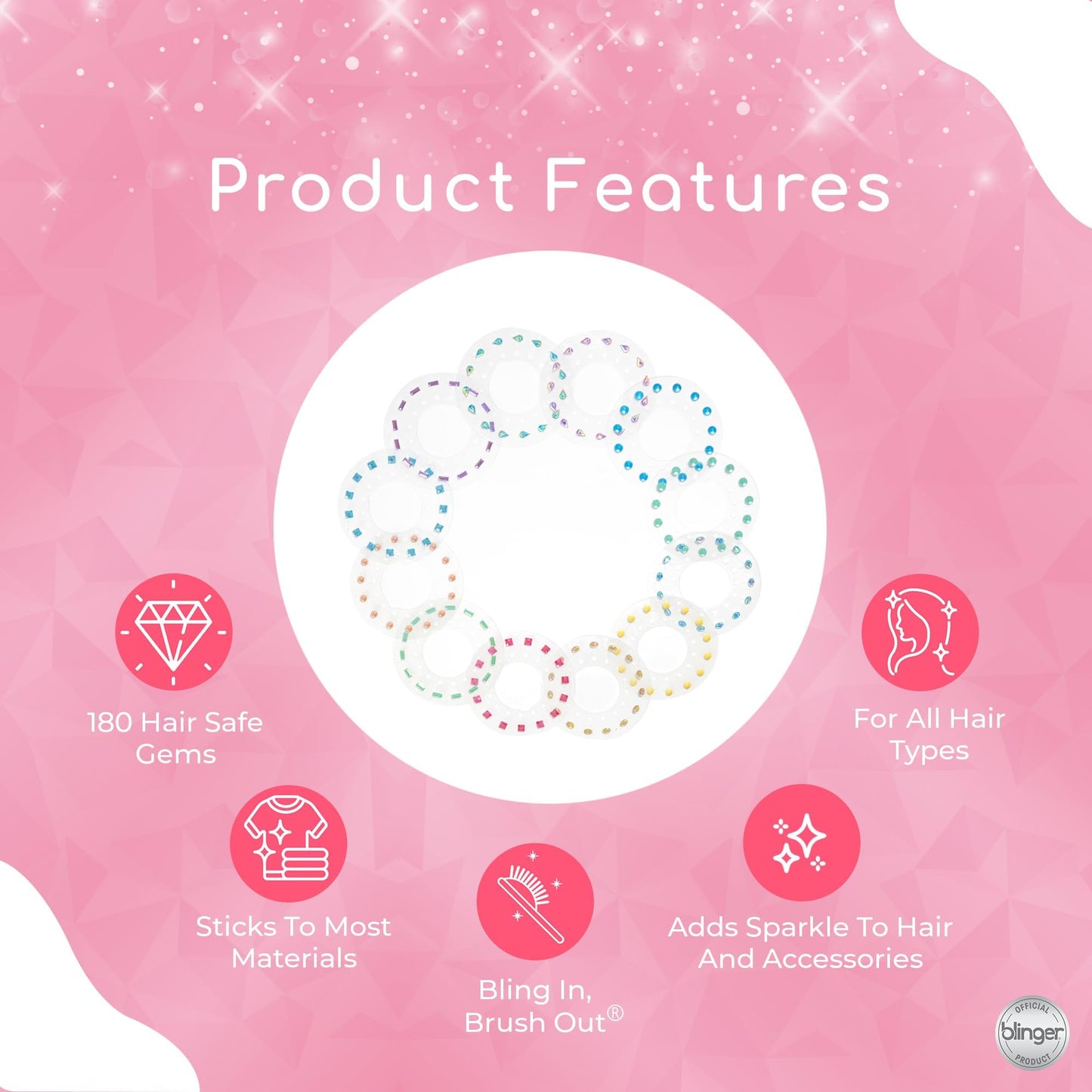 blinger Glimmer Collection Refill Pack | 180 Gems & Gem Stamper Included | Hair Styling Tool Compatible