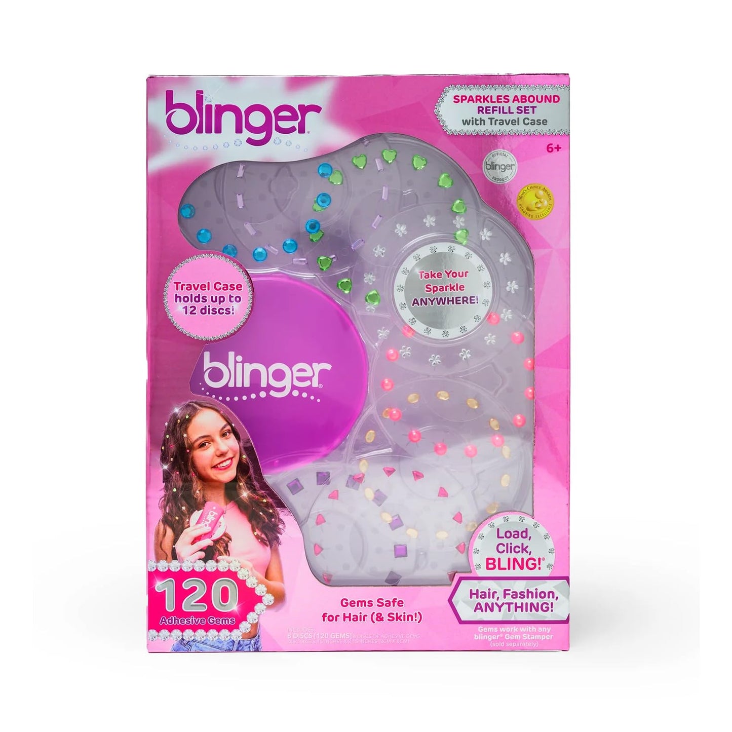 Blinger Sparkles Abound: 120 Colorful Hair-Safe Gems + Travel Case | Refill Pack for Gem Stamper