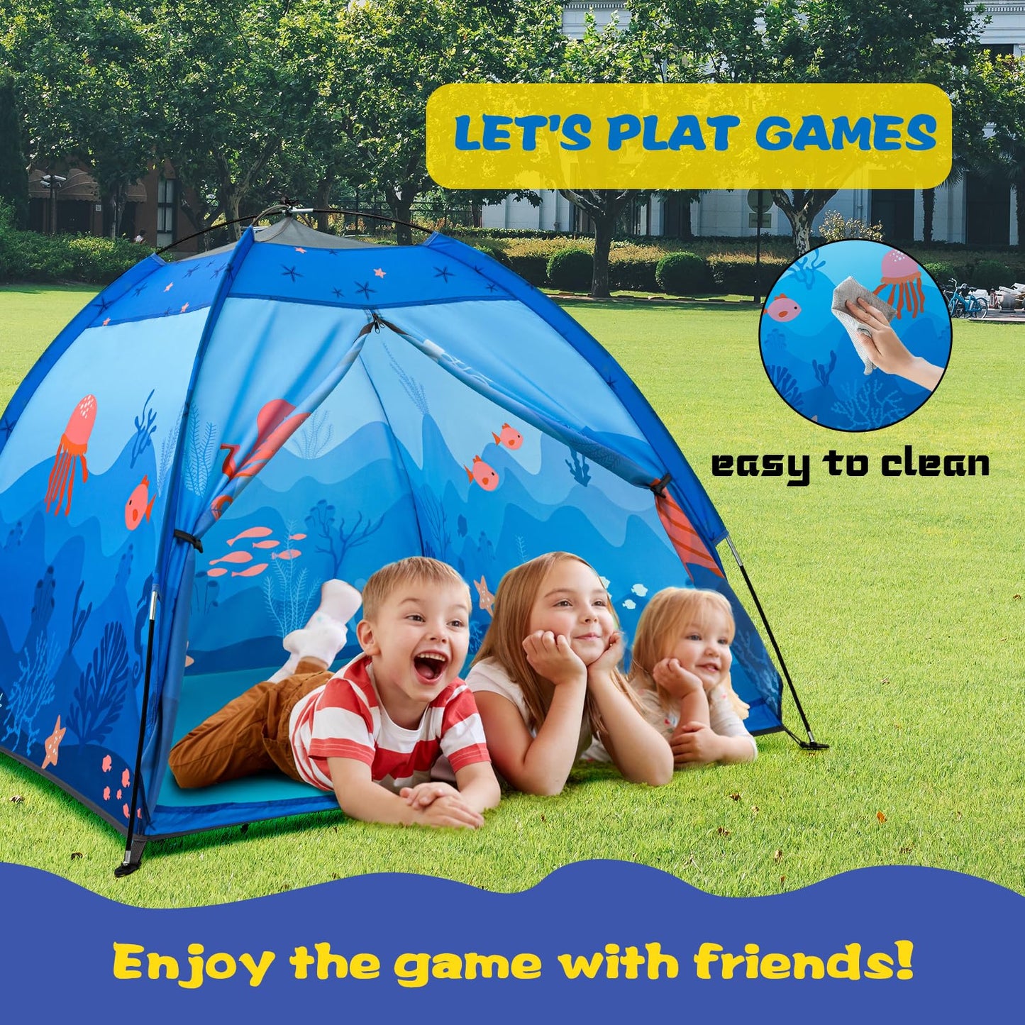 BLINWORLD Undersea World Kids Play Tent – Foldable Pop Up Indoor/Outdoor Playhouse (47 x 47 x 41 in, Blue)