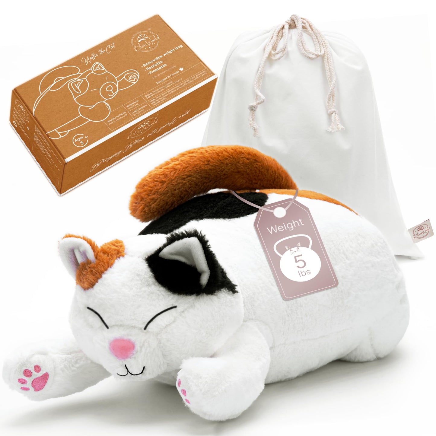 Bliss World 20-Inch Calico Cat Weighted Plush – 5 lb, Microwavable & Coolable