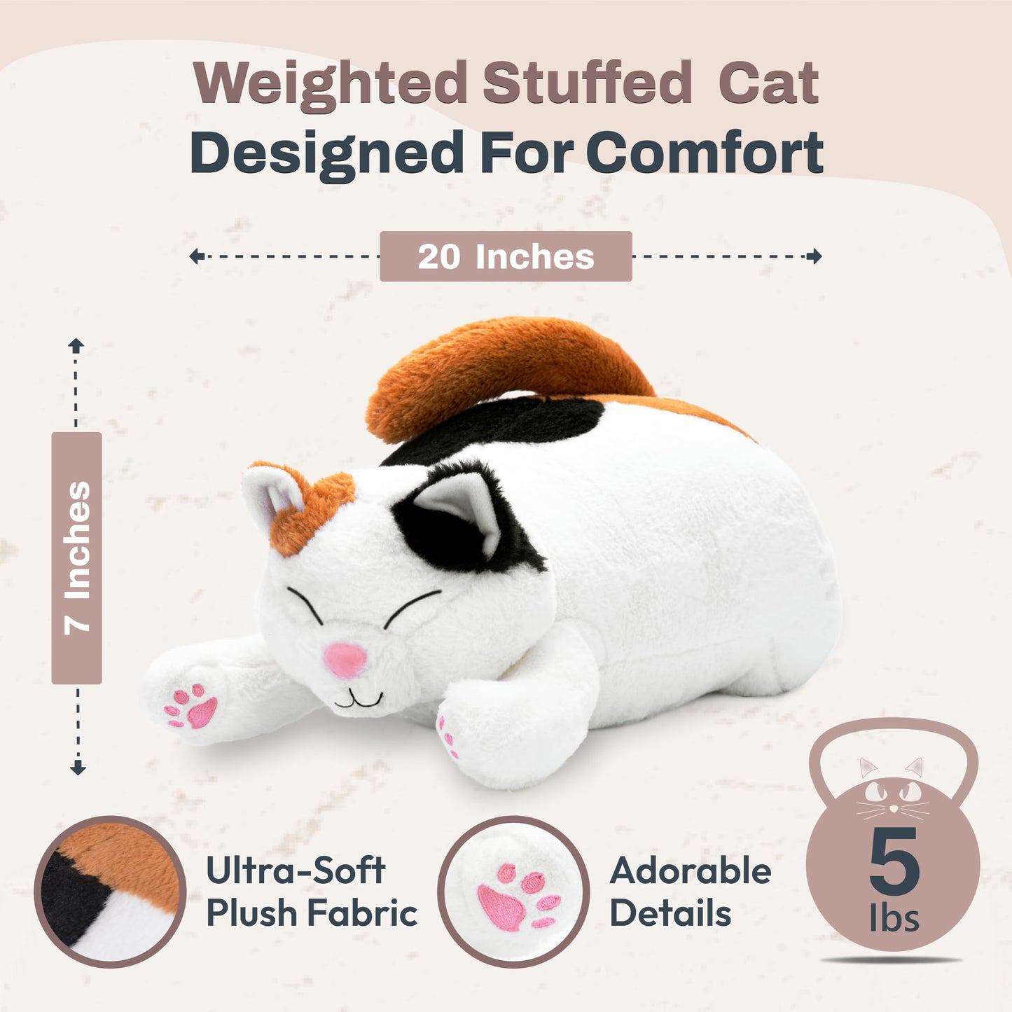 Bliss World 20-Inch Calico Cat Weighted Plush – 5 lb, Microwavable & Coolable