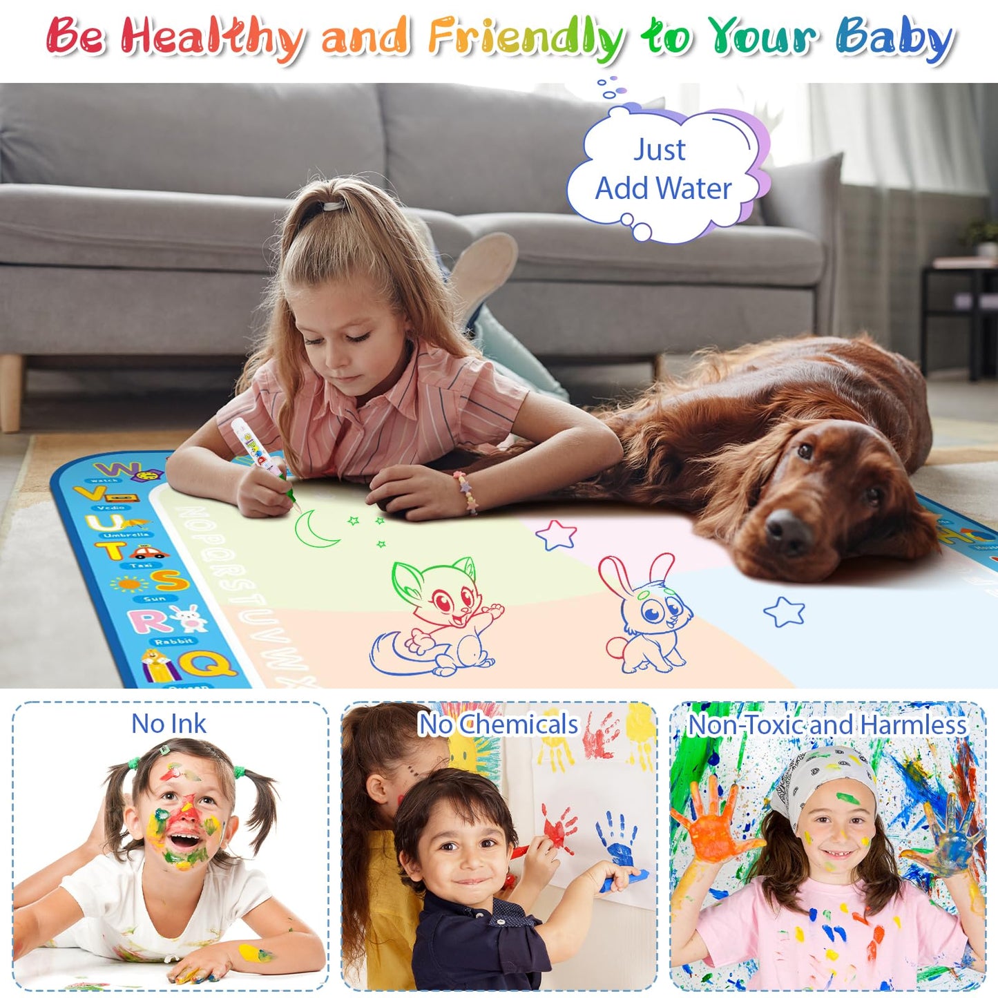 BlissfulBlend Water Doodle Mat – Mess-Free Coloring for Kids (31x24 in) with Magic Pens