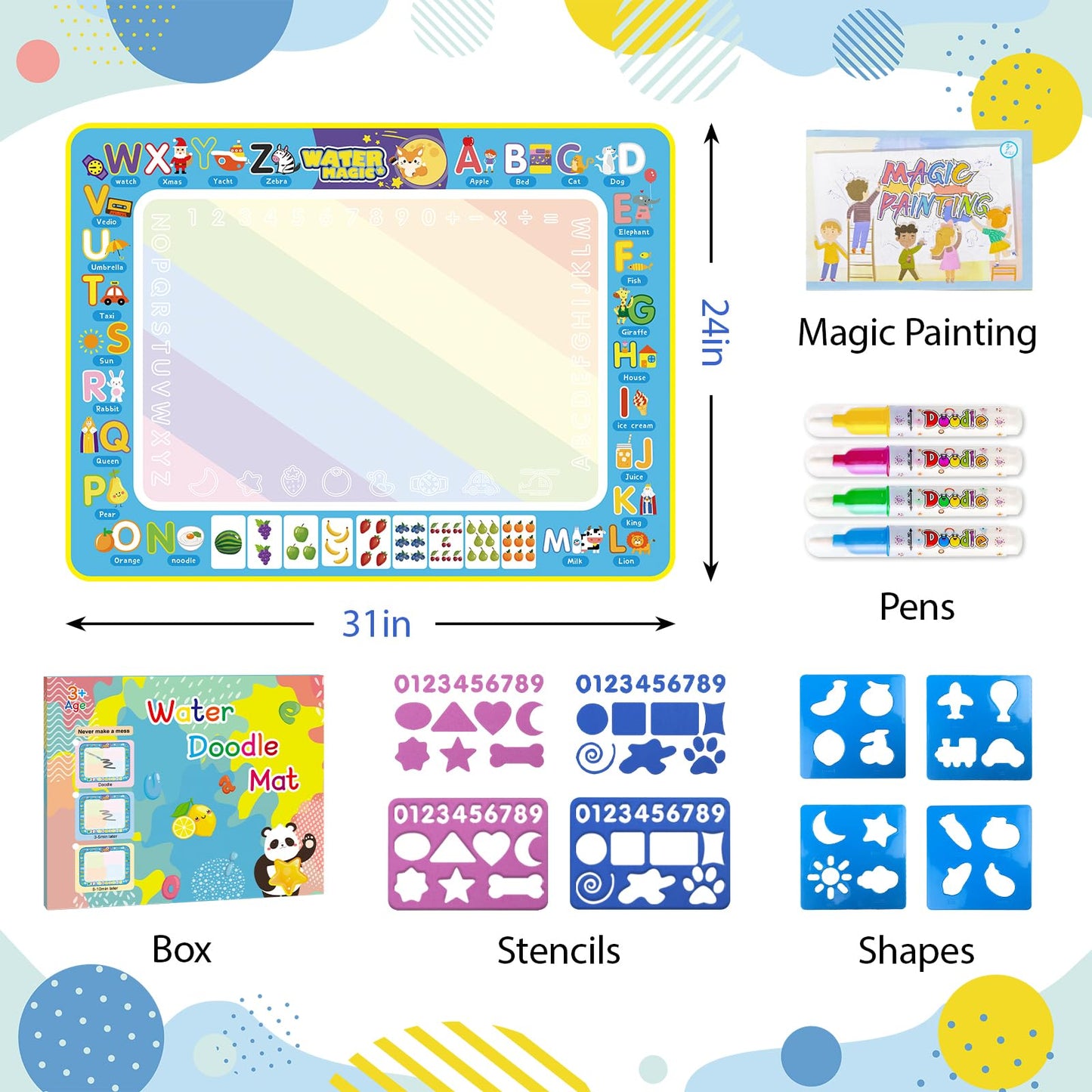 BlissfulBlend Water Doodle Mat – Mess-Free Coloring for Kids (31x24 in) with Magic Pens
