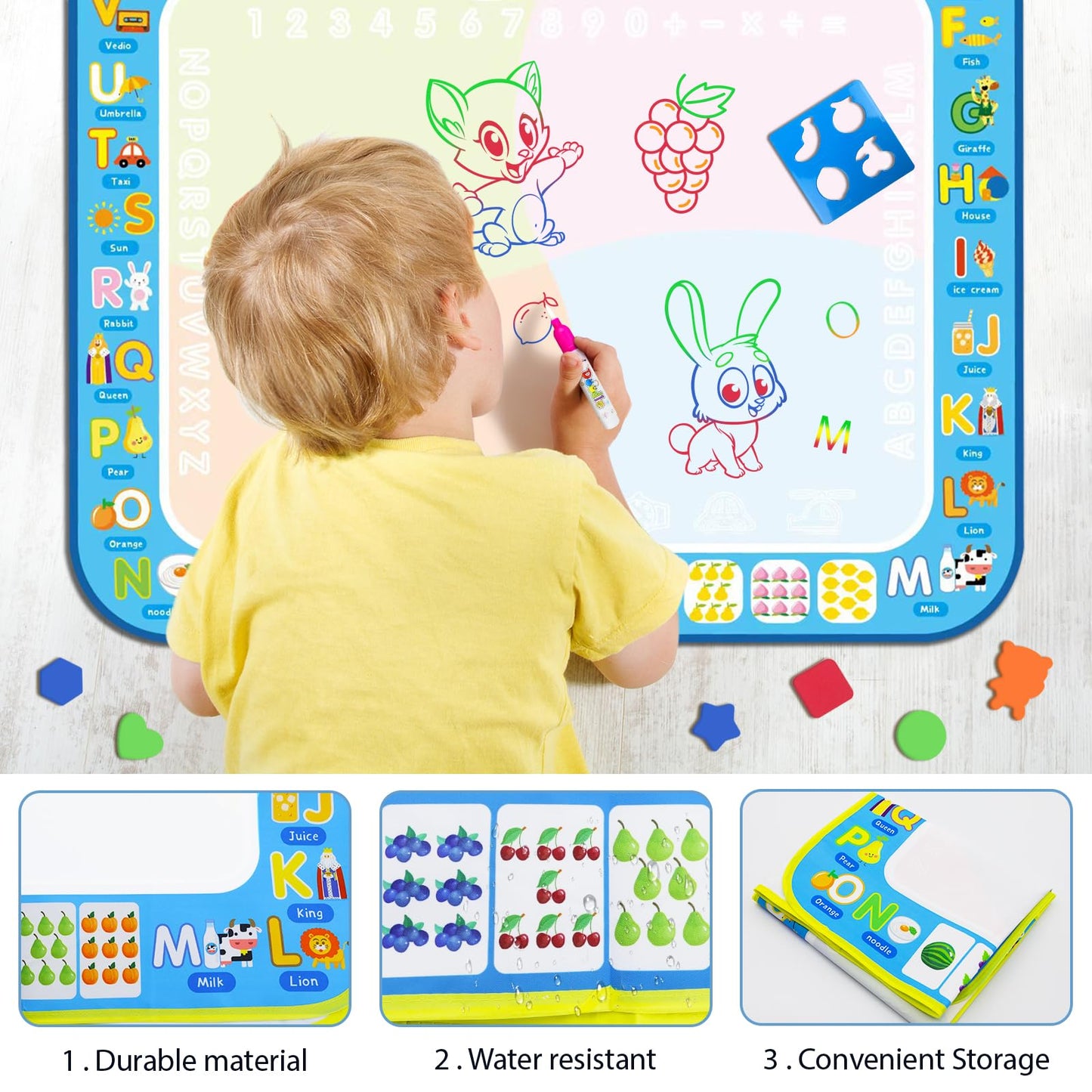 BlissfulBlend Water Doodle Mat – Mess-Free Coloring for Kids (31x24 in) with Magic Pens
