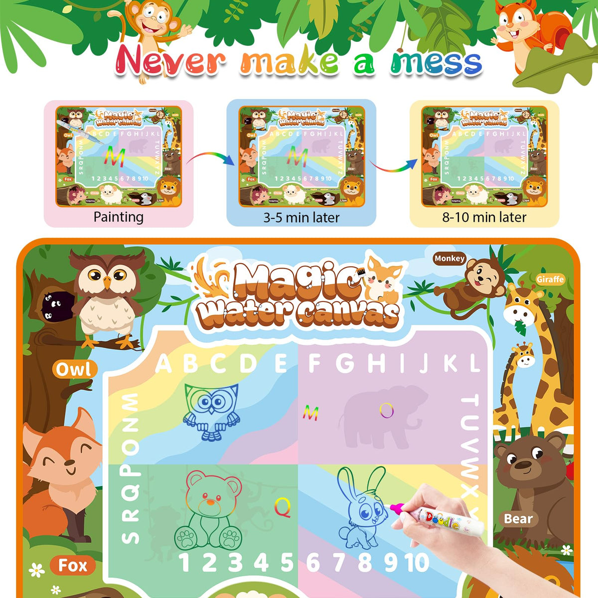 BlissfulBlend Water Doodle Mat – Mess-Free Coloring for Toddlers (40×30 in, 19-Piece Set)