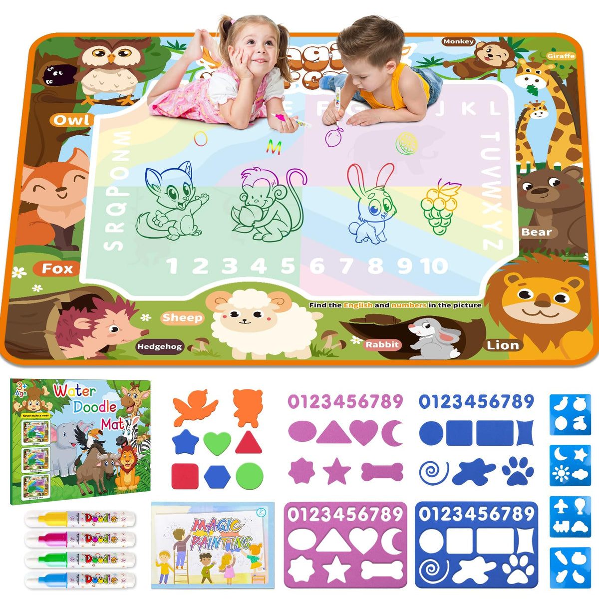 BlissfulBlend Water Doodle Mat – Mess-Free Coloring for Toddlers (40×30 in, 19-Piece Set)