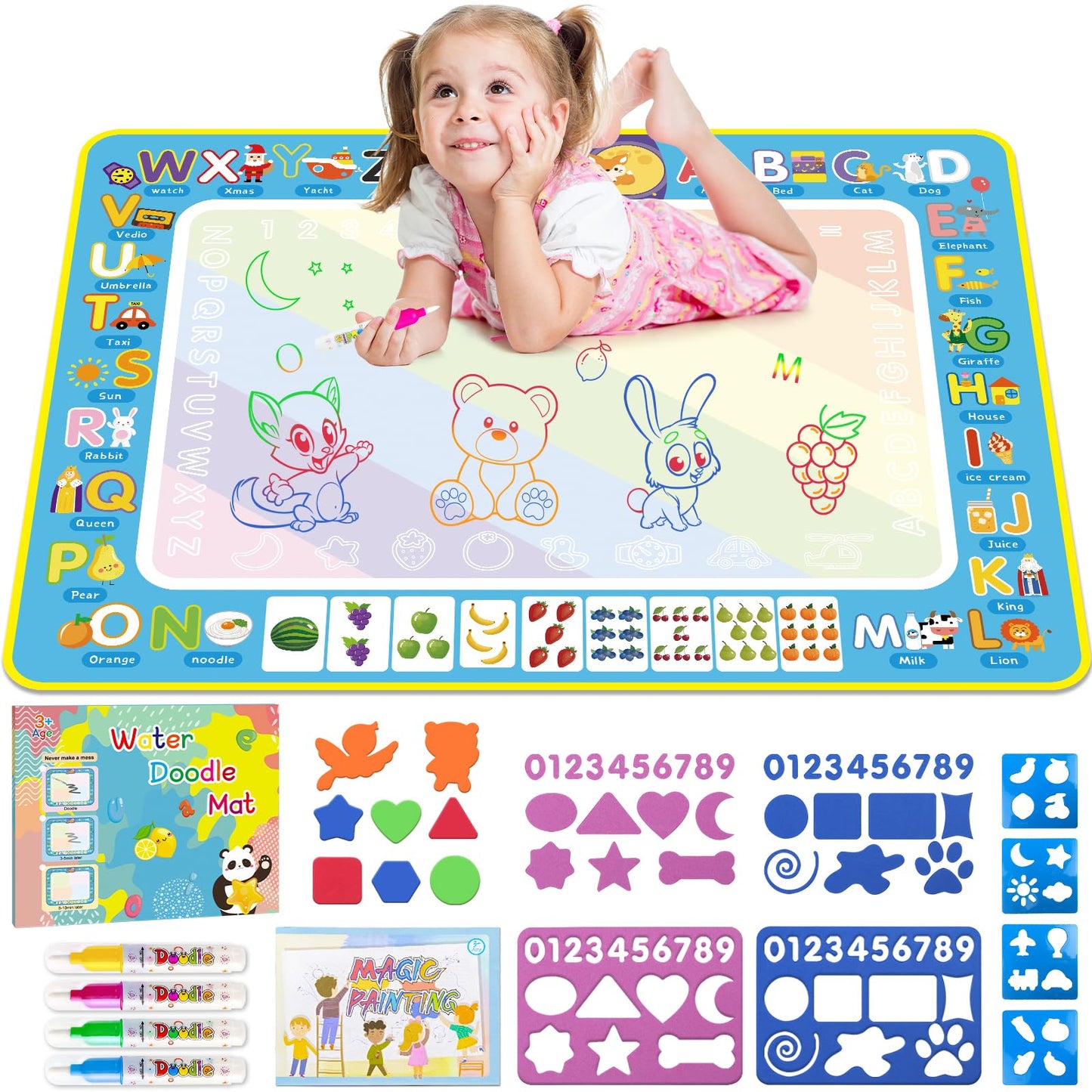 BlissfulBlend Water Doodle Mat – Mess-Free Coloring for Kids (31x24 in) with Magic Pens
