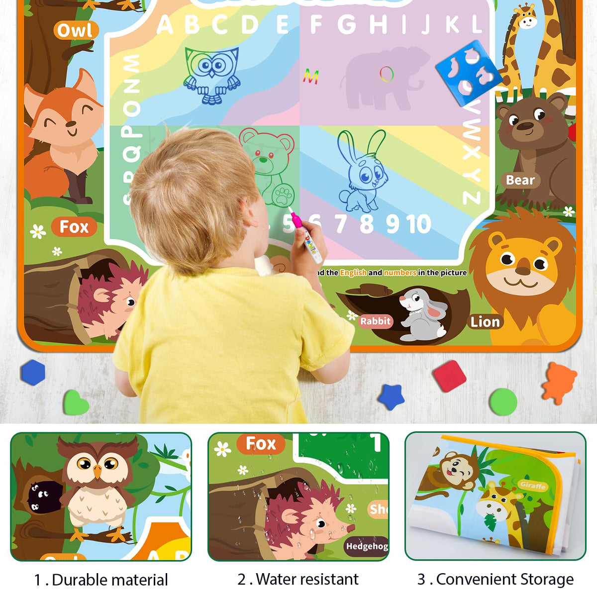 BlissfulBlend Water Doodle Mat – Mess-Free Coloring for Toddlers (40×30 in, 19-Piece Set)