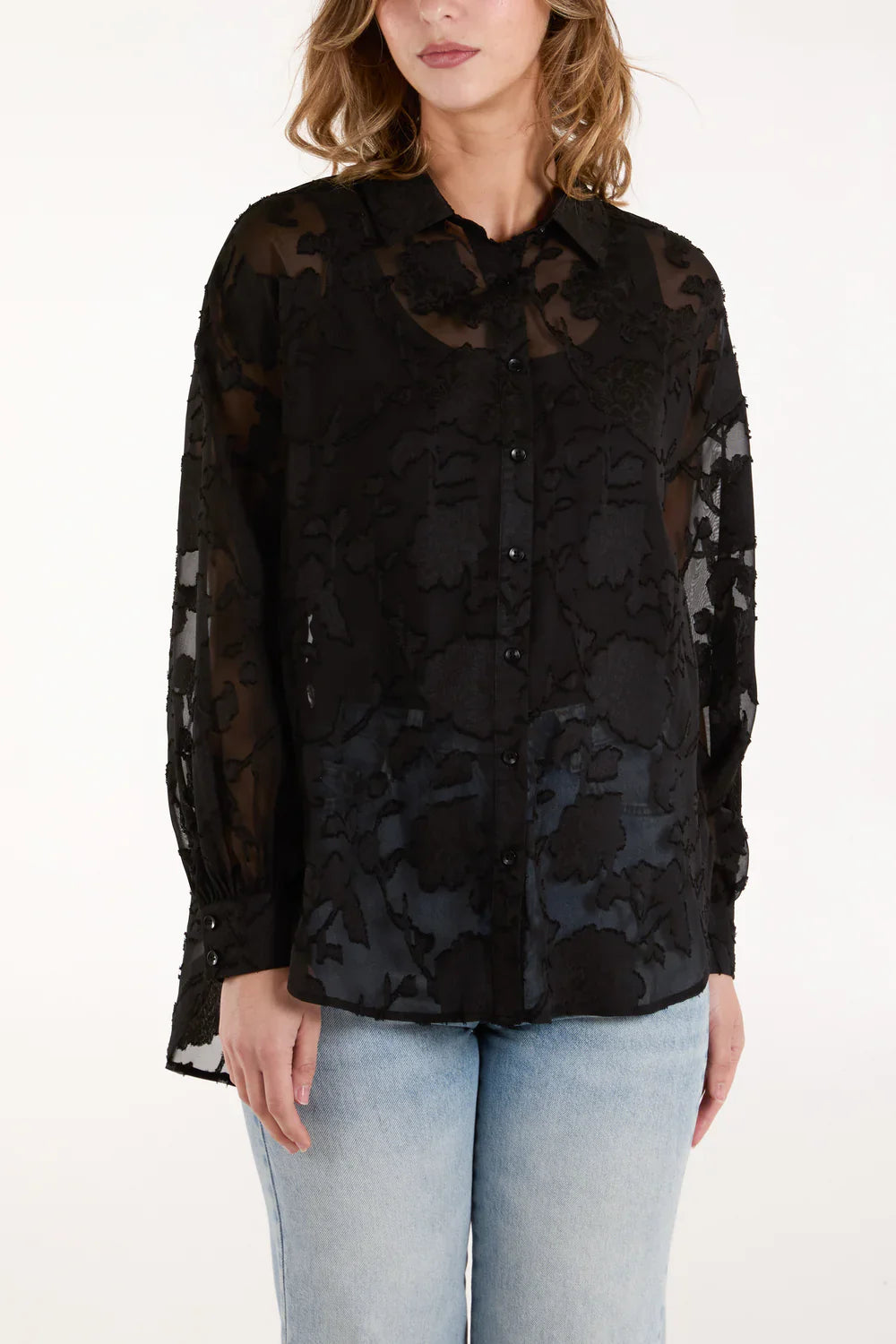 QED London - Sheer Floral Print Shirt - Available in Black, Pink and Mint