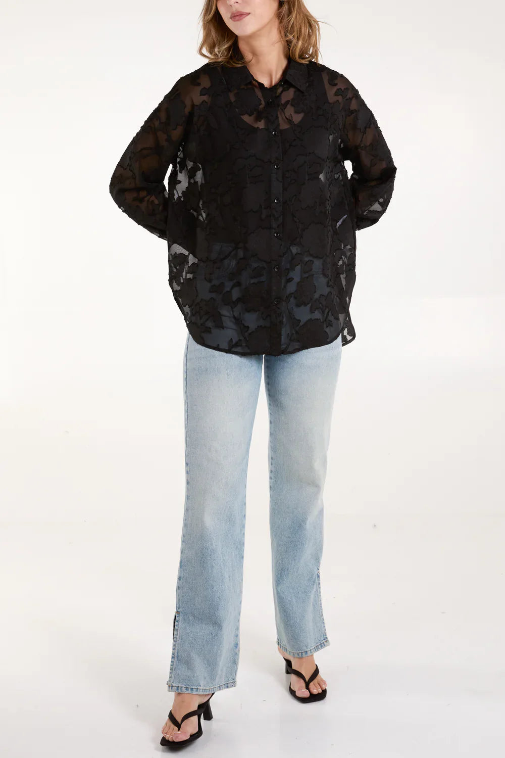 QED London - Sheer Floral Print Shirt - Available in Black, Pink and Mint