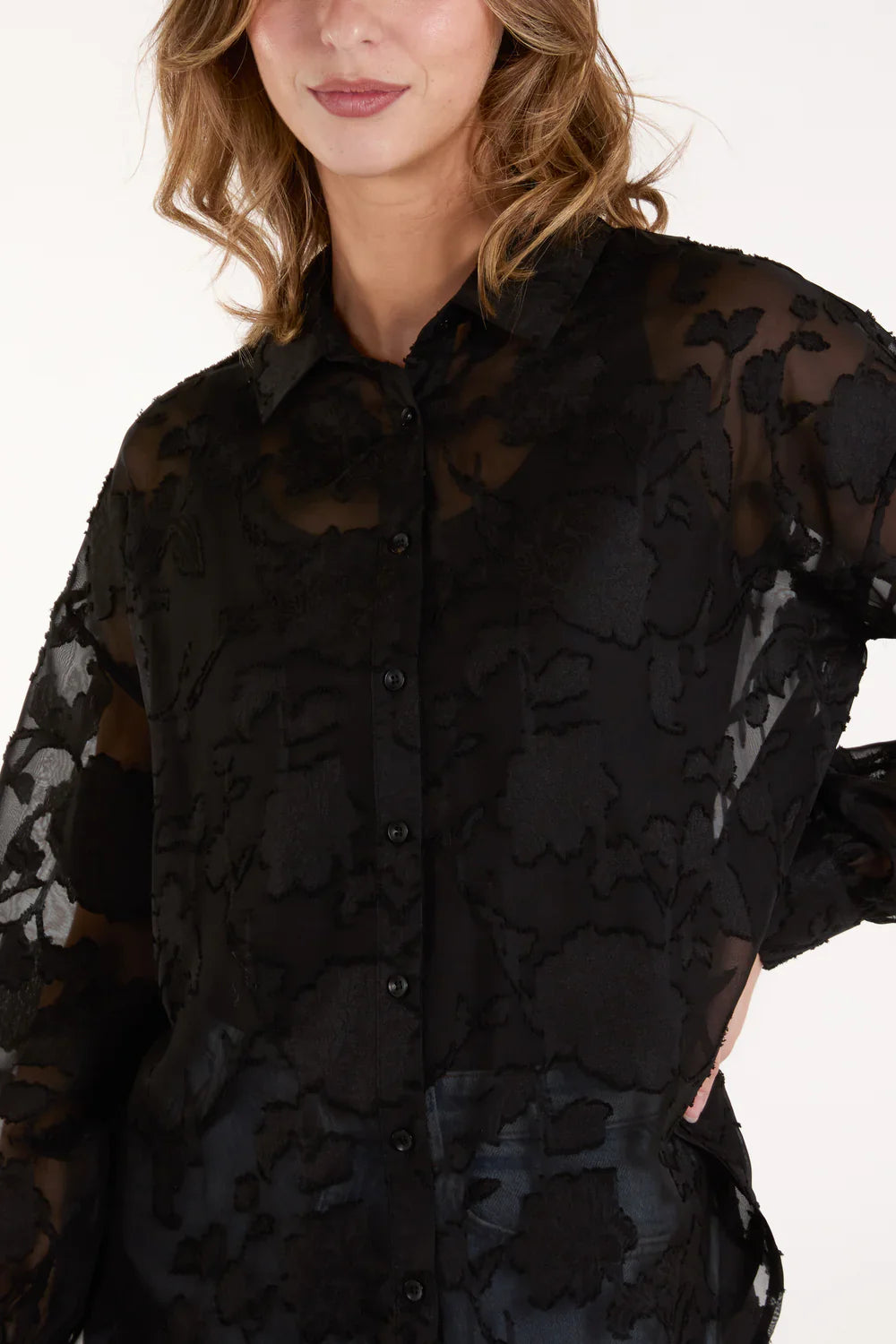 QED London - Sheer Floral Print Shirt - Available in Black, Pink and Mint