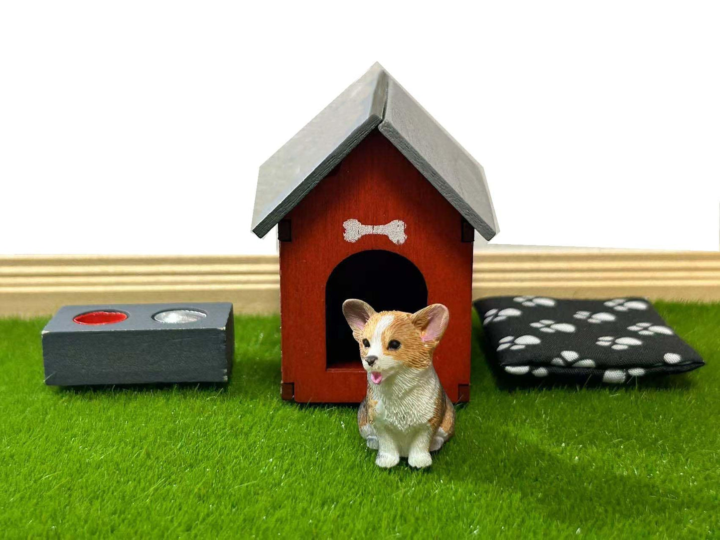 blminiatures Enhanced Dollhouse Family Pets Set – Corgi Figurine, Doghouse & Bowls