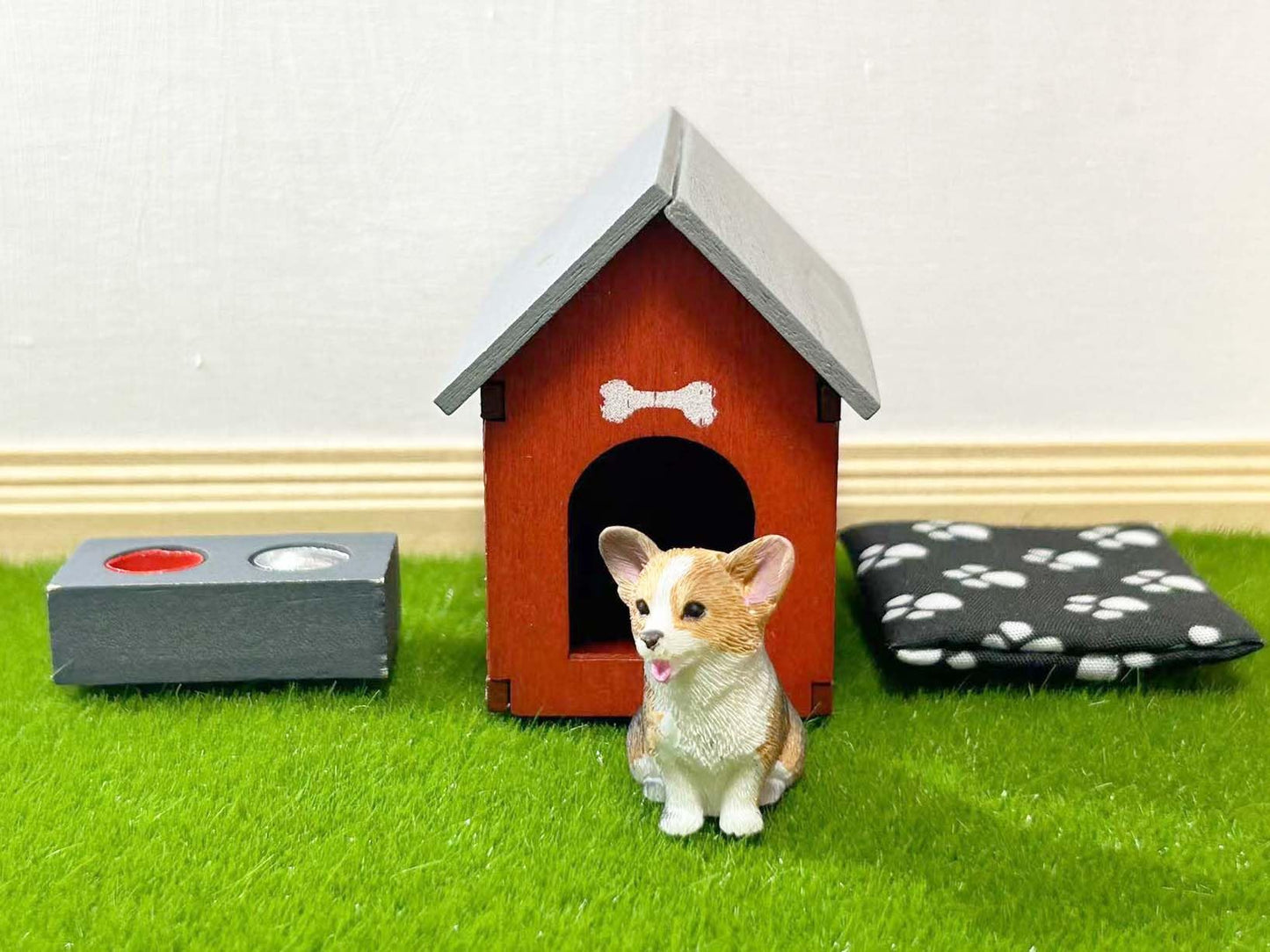blminiatures Enhanced Dollhouse Family Pets Set – Corgi Figurine, Doghouse & Bowls