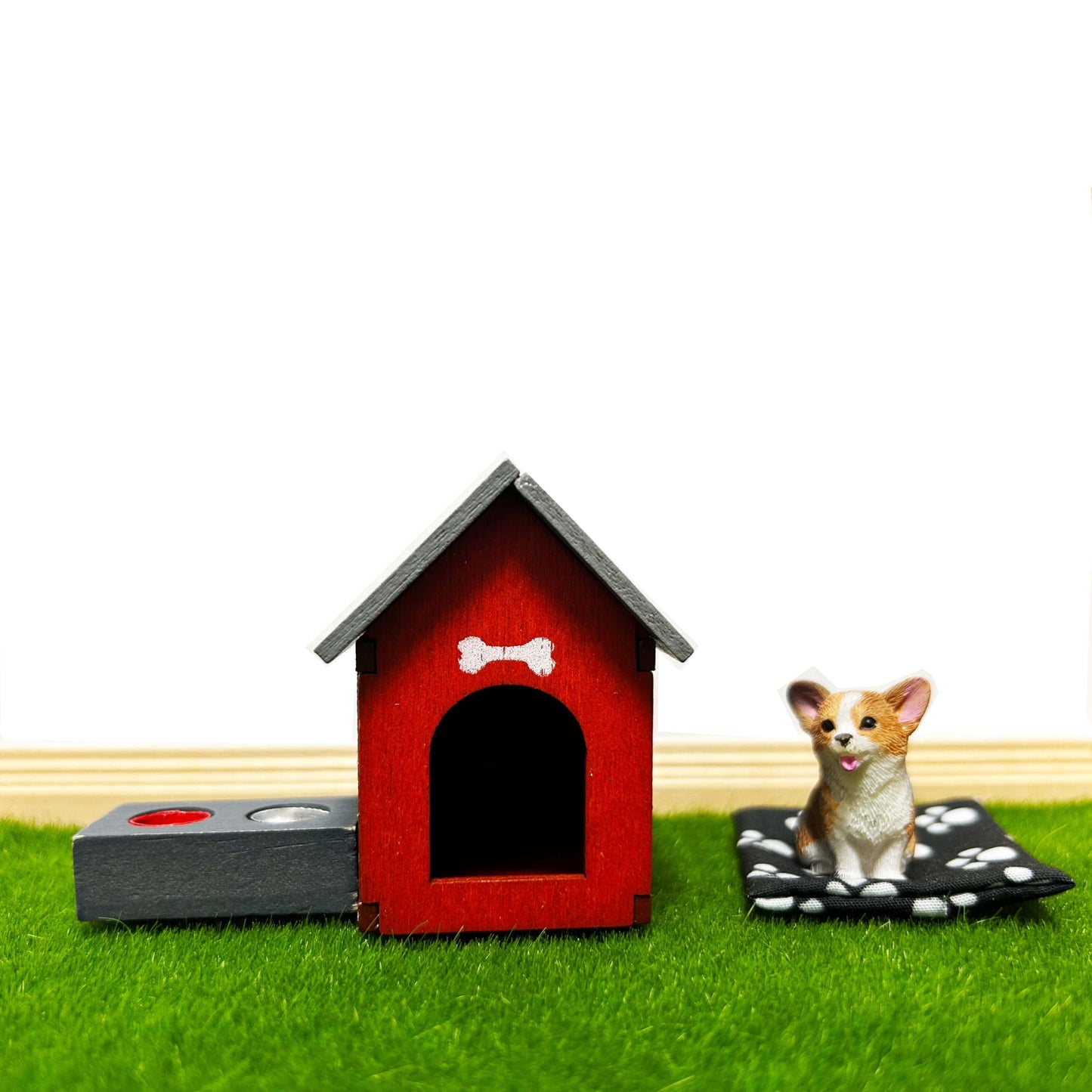 blminiatures Enhanced Dollhouse Family Pets Set – Corgi Figurine, Doghouse & Bowls