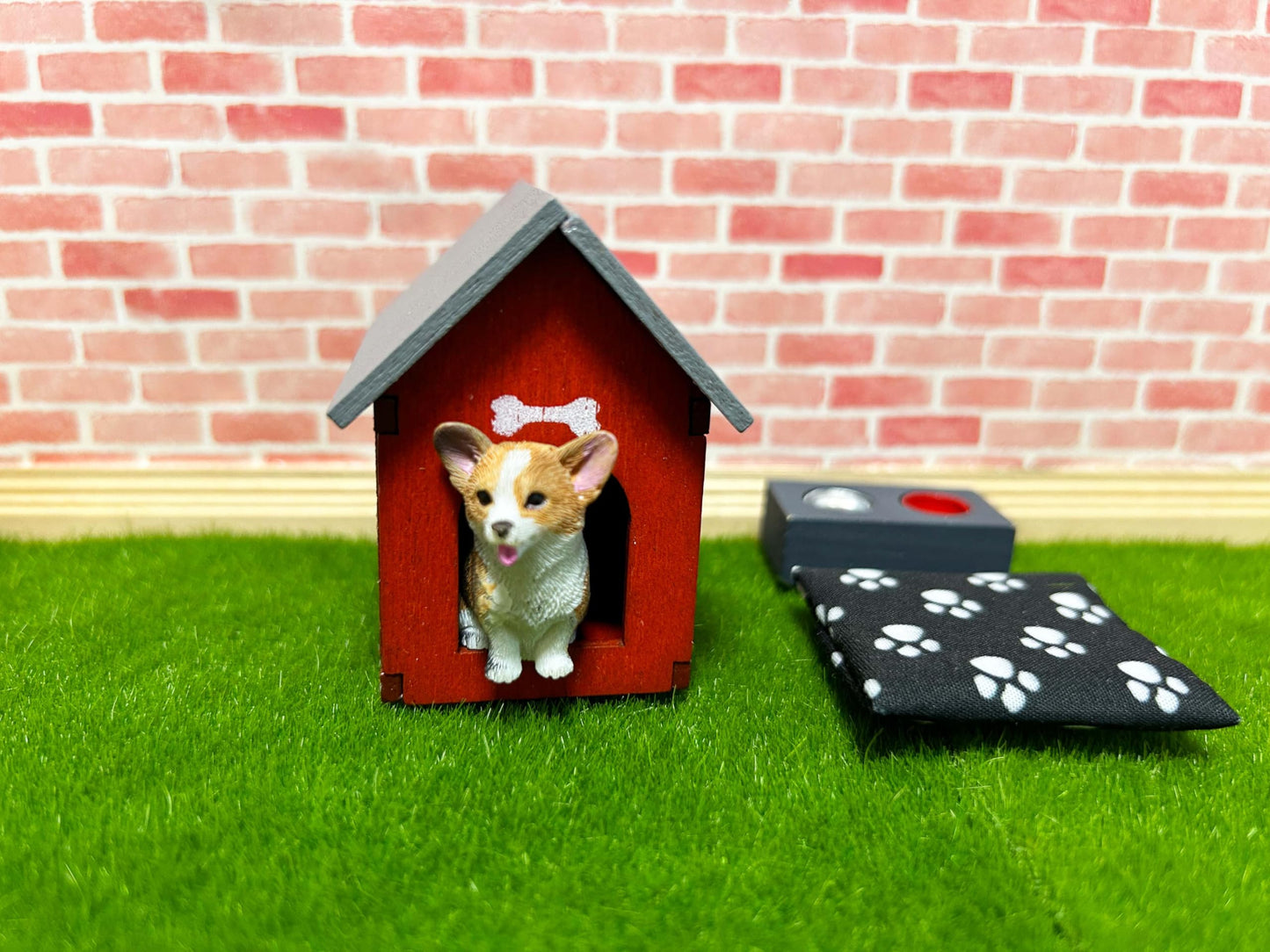 blminiatures Enhanced Dollhouse Family Pets Set – Corgi Figurine, Doghouse & Bowls