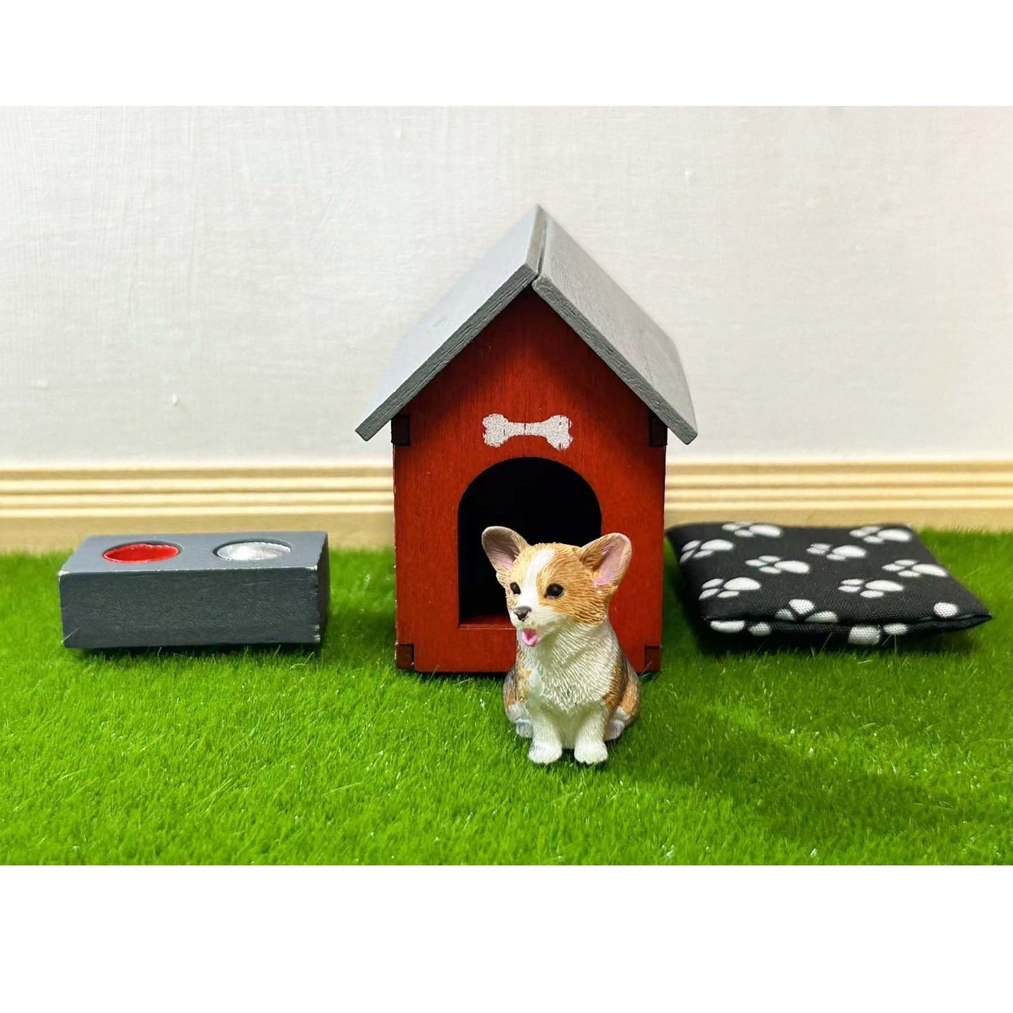 blminiatures Enhanced Dollhouse Family Pets Set – Corgi Figurine, Doghouse & Bowls