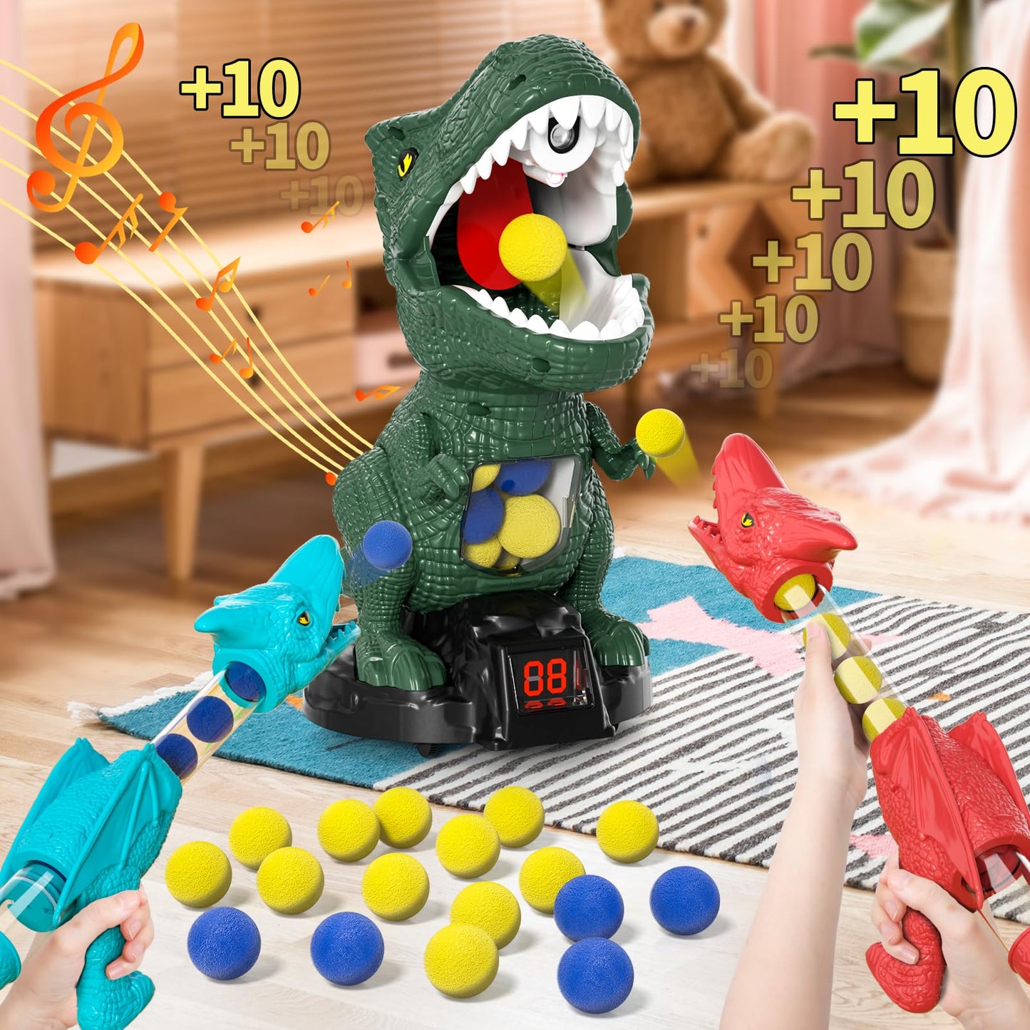 BLmukce Dinosaur Shooting Game for Kids – 2 Launchers, 48 Foam Bullets, 3 Modes