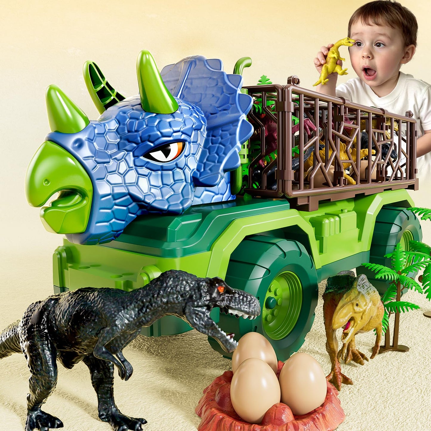 BLmukce Dinosaur Transport Truck Set with 8 Figures & Play Mat (3-5 yrs)