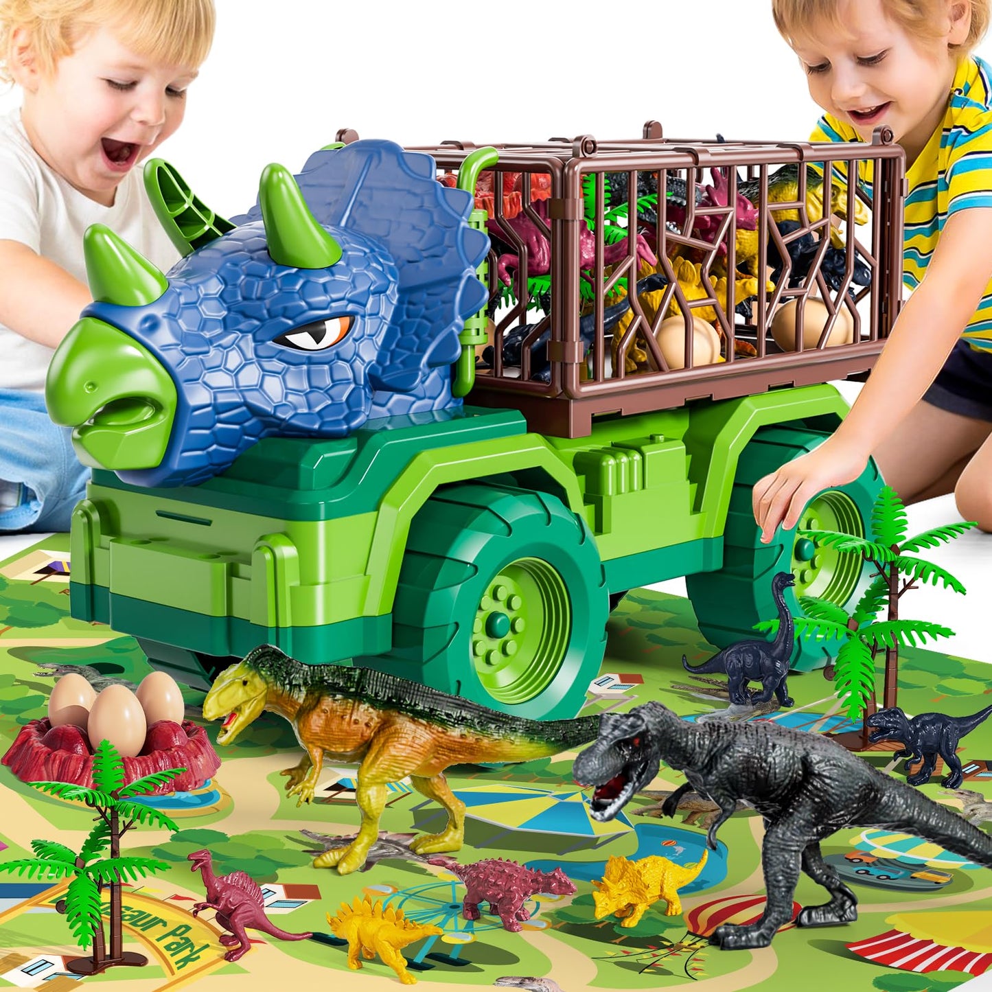 BLmukce Dinosaur Transport Truck Set with 8 Figures & Play Mat (3-5 yrs)