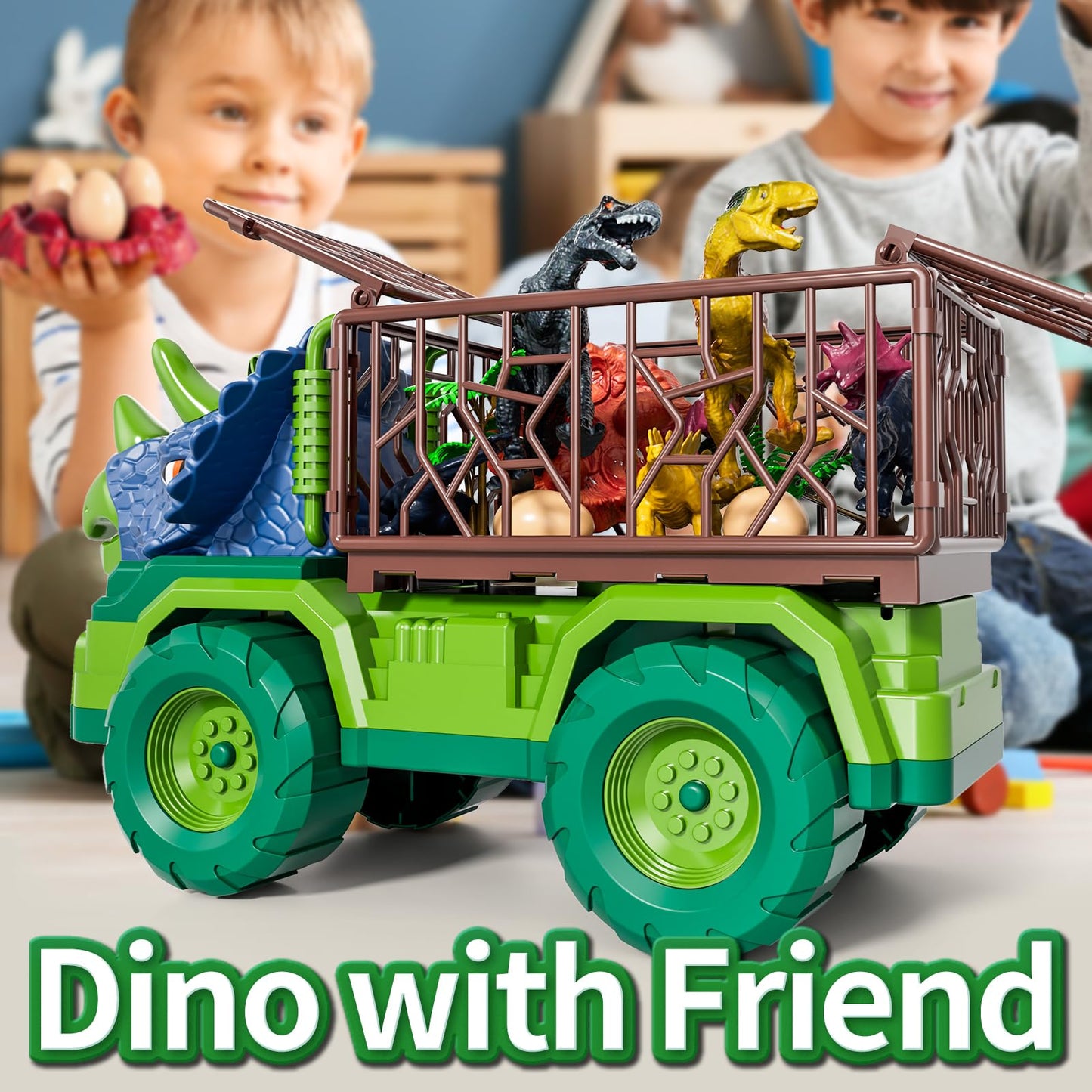 BLmukce Dinosaur Transport Truck Set with 8 Figures & Play Mat (3-5 yrs)