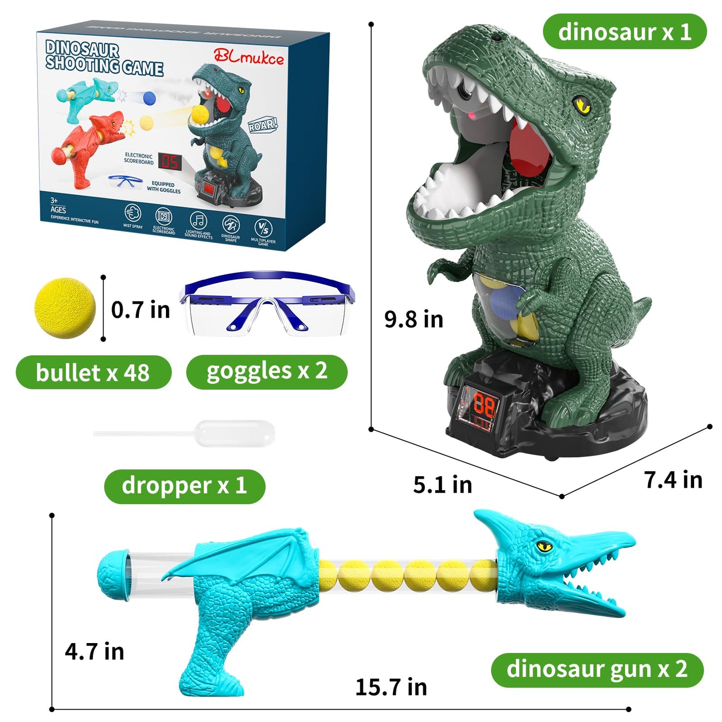 BLmukce Dinosaur Shooting Game for Kids – 2 Launchers, 48 Foam Bullets, 3 Modes