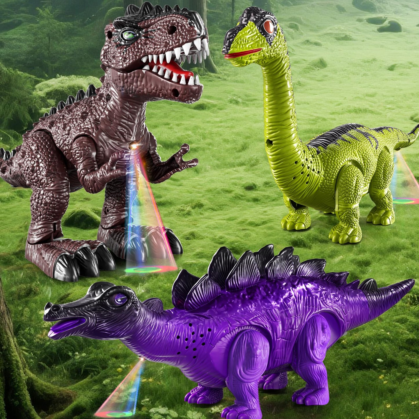 BLmukce 3 Pack Walking Dinosaurs for Toddlers - T Rex Brachiosaurus Stegosaurus