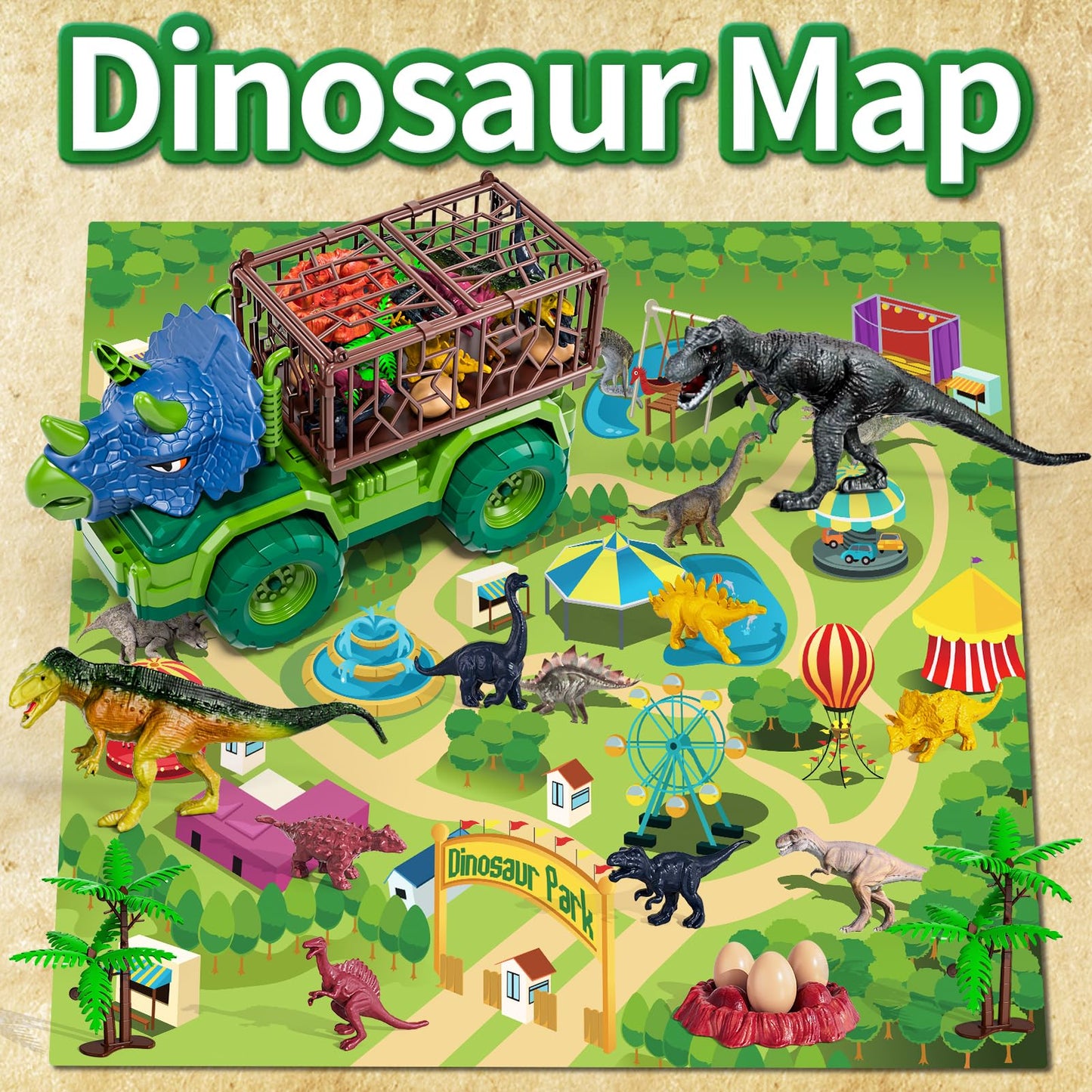 BLmukce Dinosaur Transport Truck Set with 8 Figures & Play Mat (3-5 yrs)