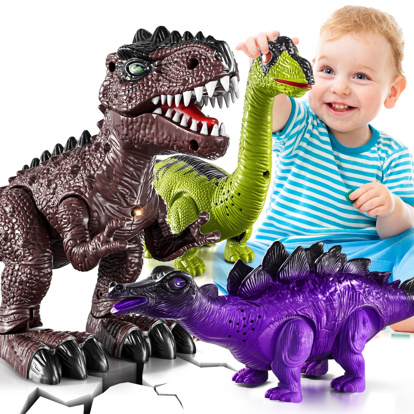 BLmukce 3 Pack Walking Dinosaurs for Toddlers - T Rex Brachiosaurus Stegosaurus